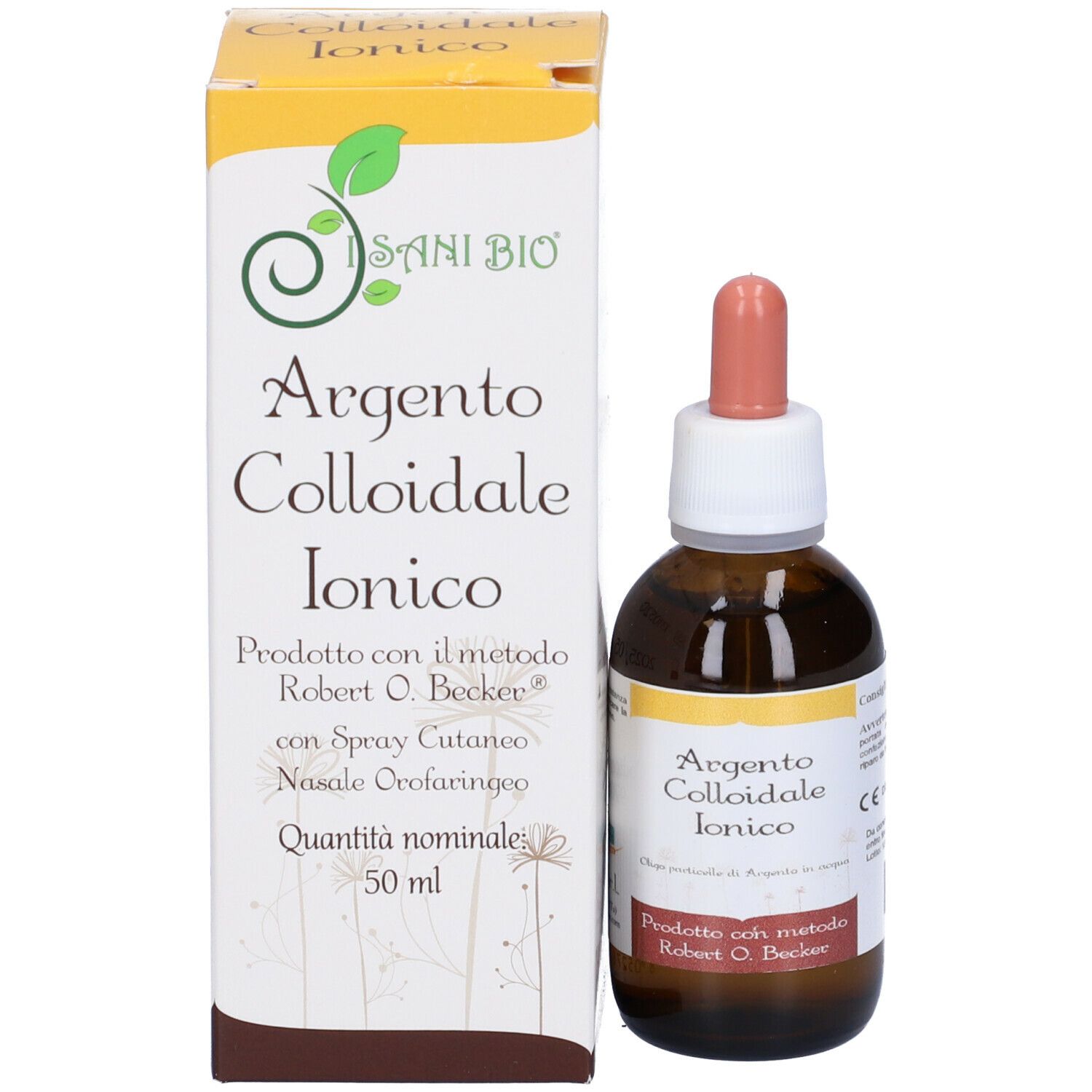 Prodotto e confezione. Argento Colloidale Ionico. 50 ml. Con contagocce e scatola. Marchio Sani Bio.