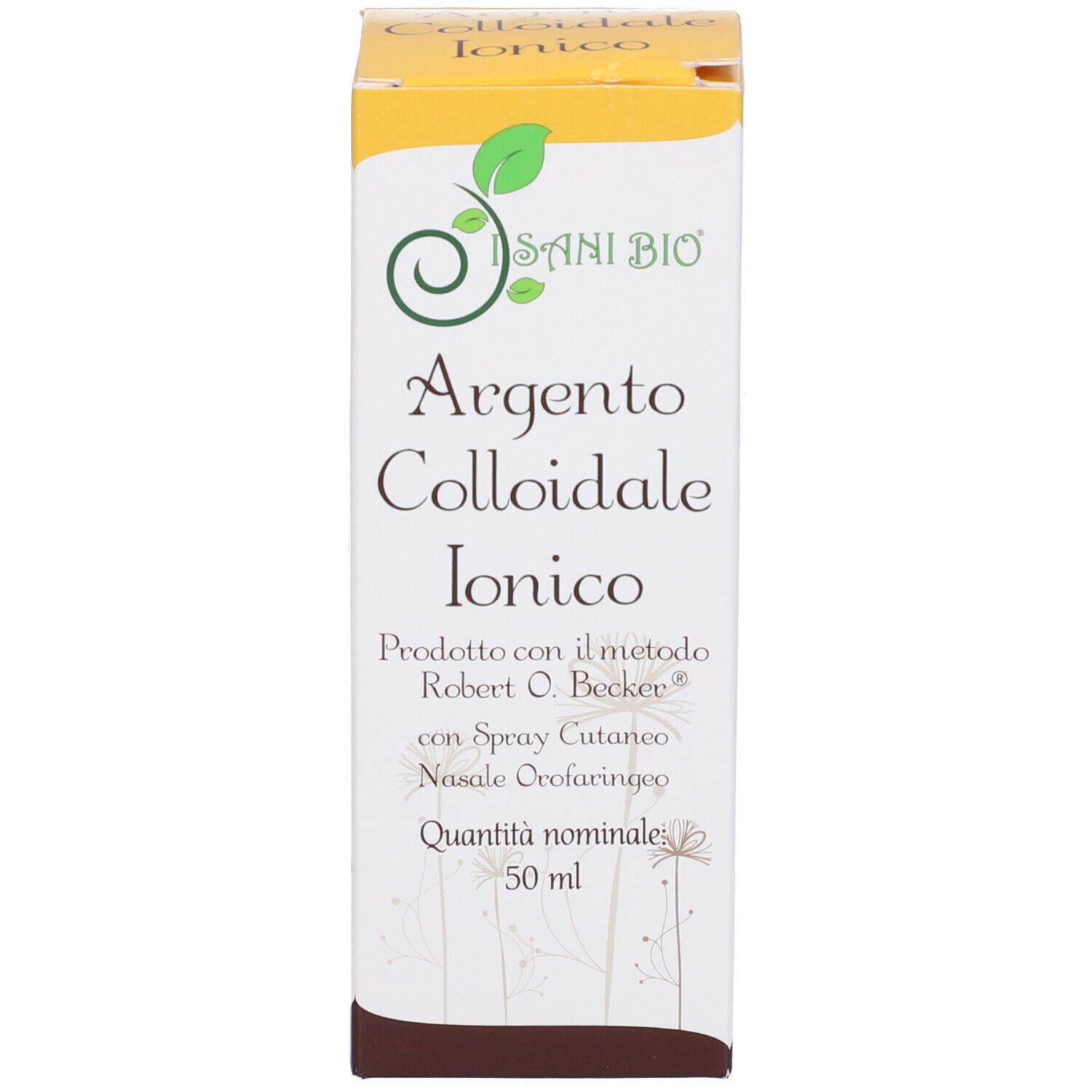 Confezione del prodotto. Argento Colloidale Ionico. 50 ml. Marchio Sani Bio.