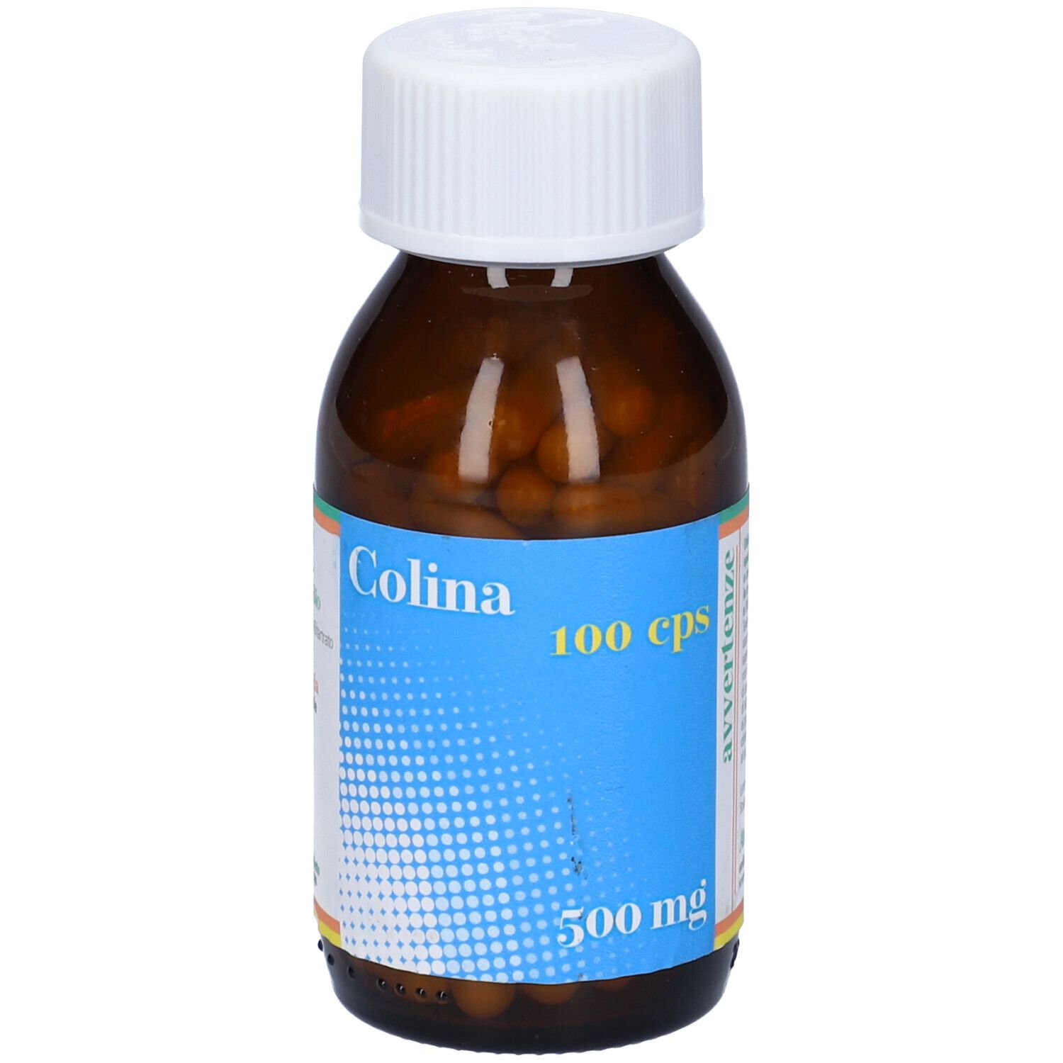 Flacone di vetro marrone con tappo bianco. Scritta Colina, 100 cps, 500 mg su etichetta blu. Capsule visibili.