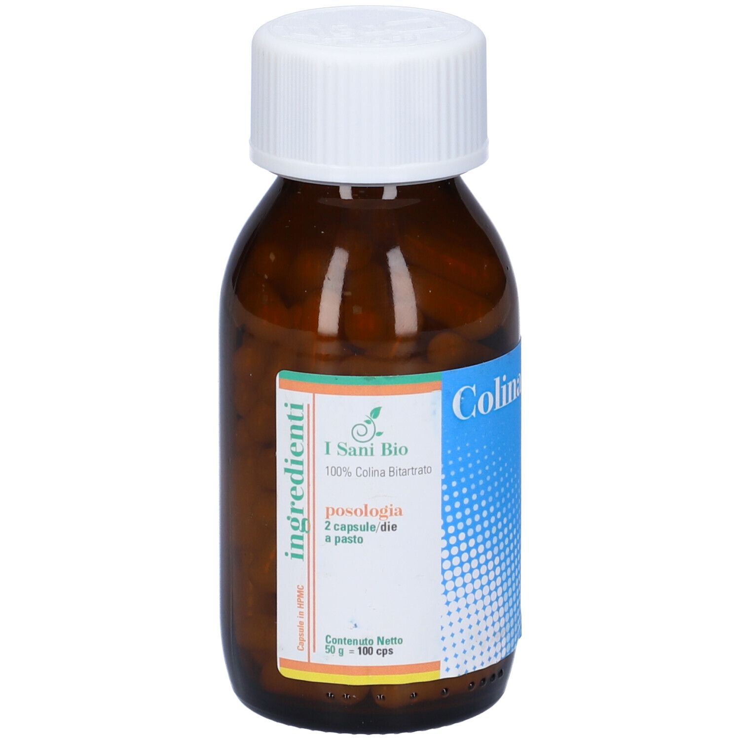 Flacone di vetro marrone con tappo bianco. Scritta I Sani Bio, 100% Colina Bitartrato. Etichetta blu con testo. Capsule visibili.