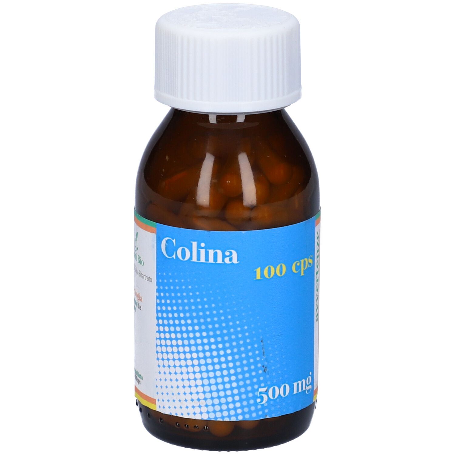 Flacone di vetro marrone con tappo bianco. Scritta Colina, 100 cps, 500 mg su etichetta blu. Capsule visibili.