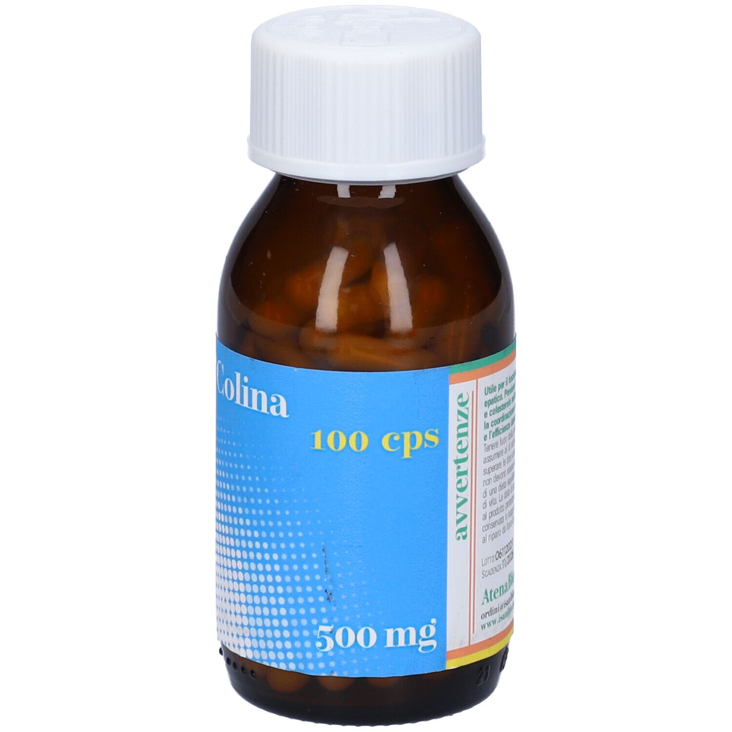 Flacone di vetro marrone con tappo bianco. Scritta Colina, 100 cps, 500 mg su etichetta blu. Testo a destra. Capsule visibili.