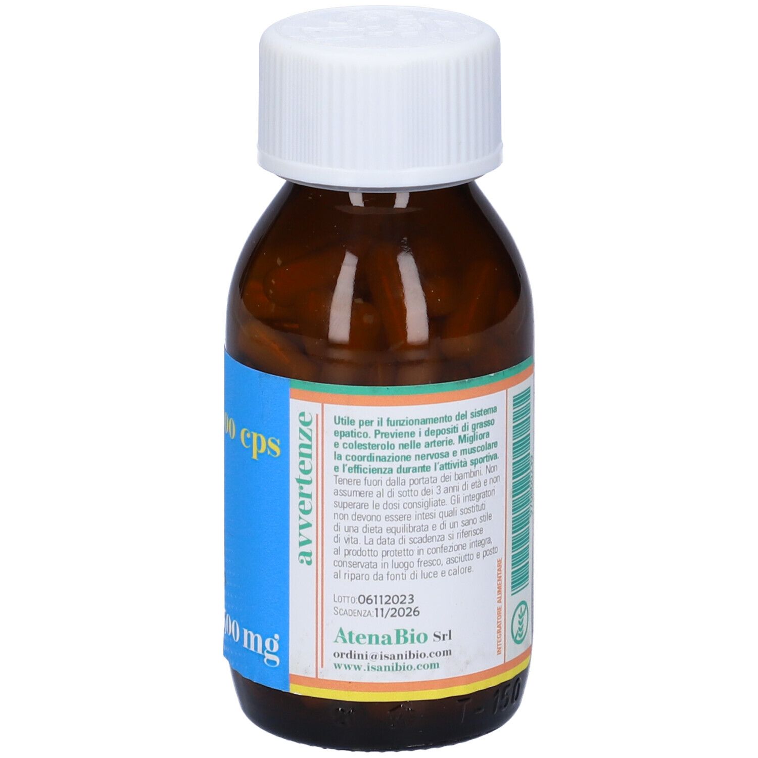 Flacone di vetro marrone con tappo bianco. Scritta Colina, 100 cps, 500 mg su etichetta blu. Testo e data di scadenza. Capsule visibili.