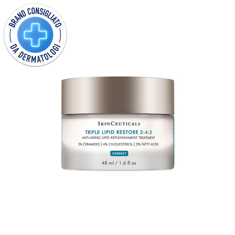 Vasetto di crema con coperchio. Scritta: SkinCeuticals Triple Lipid Restore 2:4:2. Prodotto consigliato dai dermatologi.
