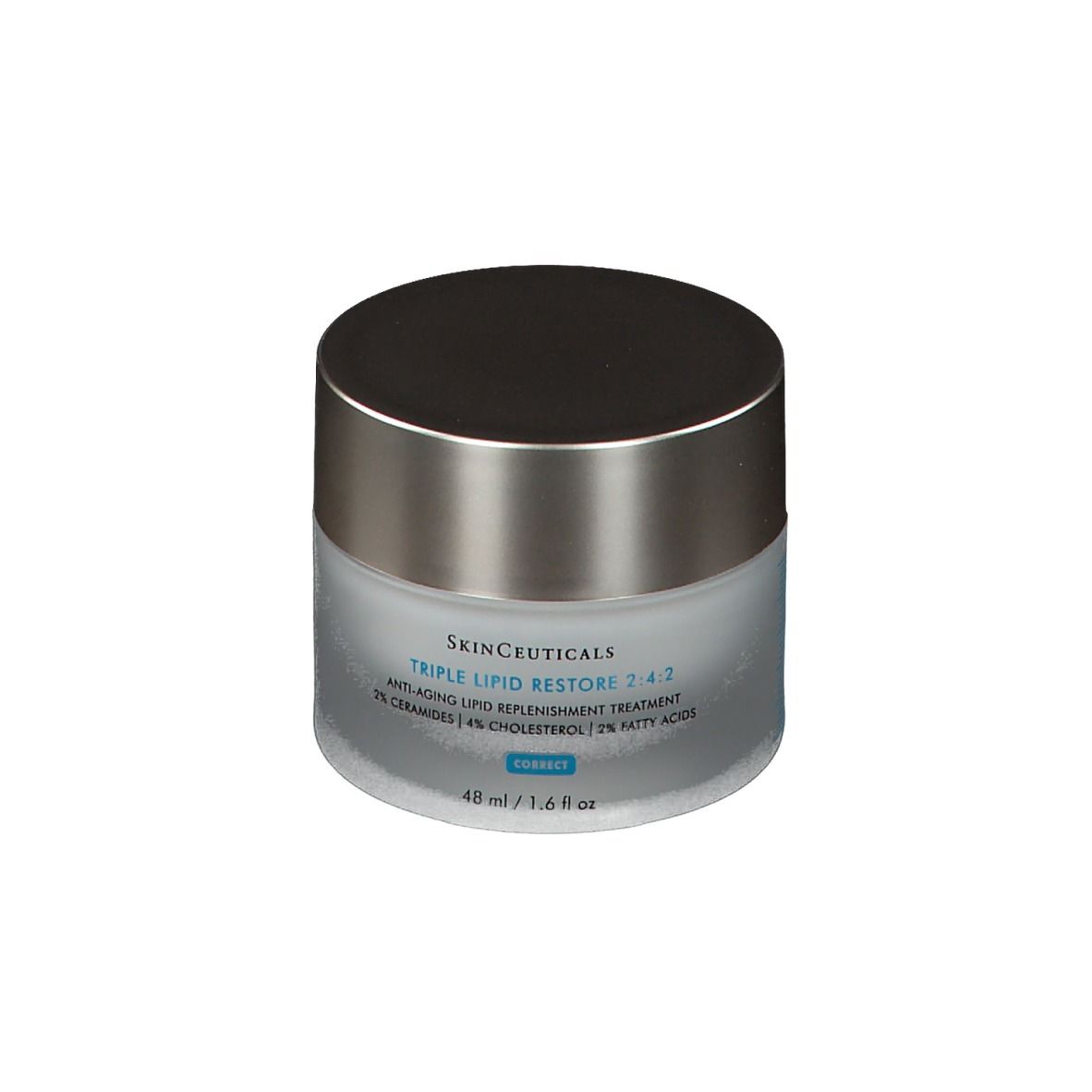 Vasetto di crema con coperchio argentato. Scritta: SkinCeuticals Triple Lipid Restore 2:4:2. 48 ml / 1,6 fl oz.