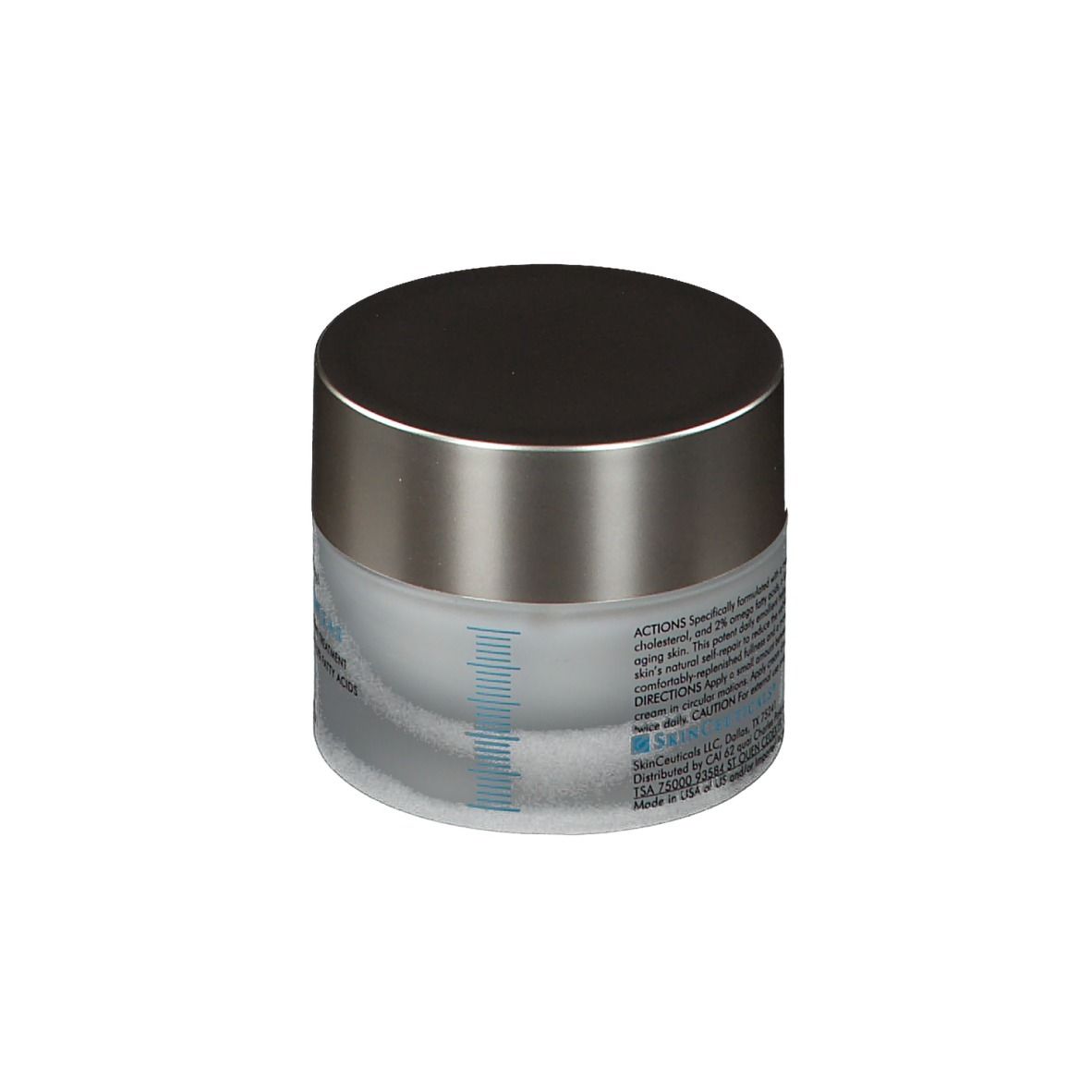 Vasetto di crema con coperchio argentato. Scritta: SkinCeuticals Triple Lipid Restore 2:4:2. Retro con testo.
