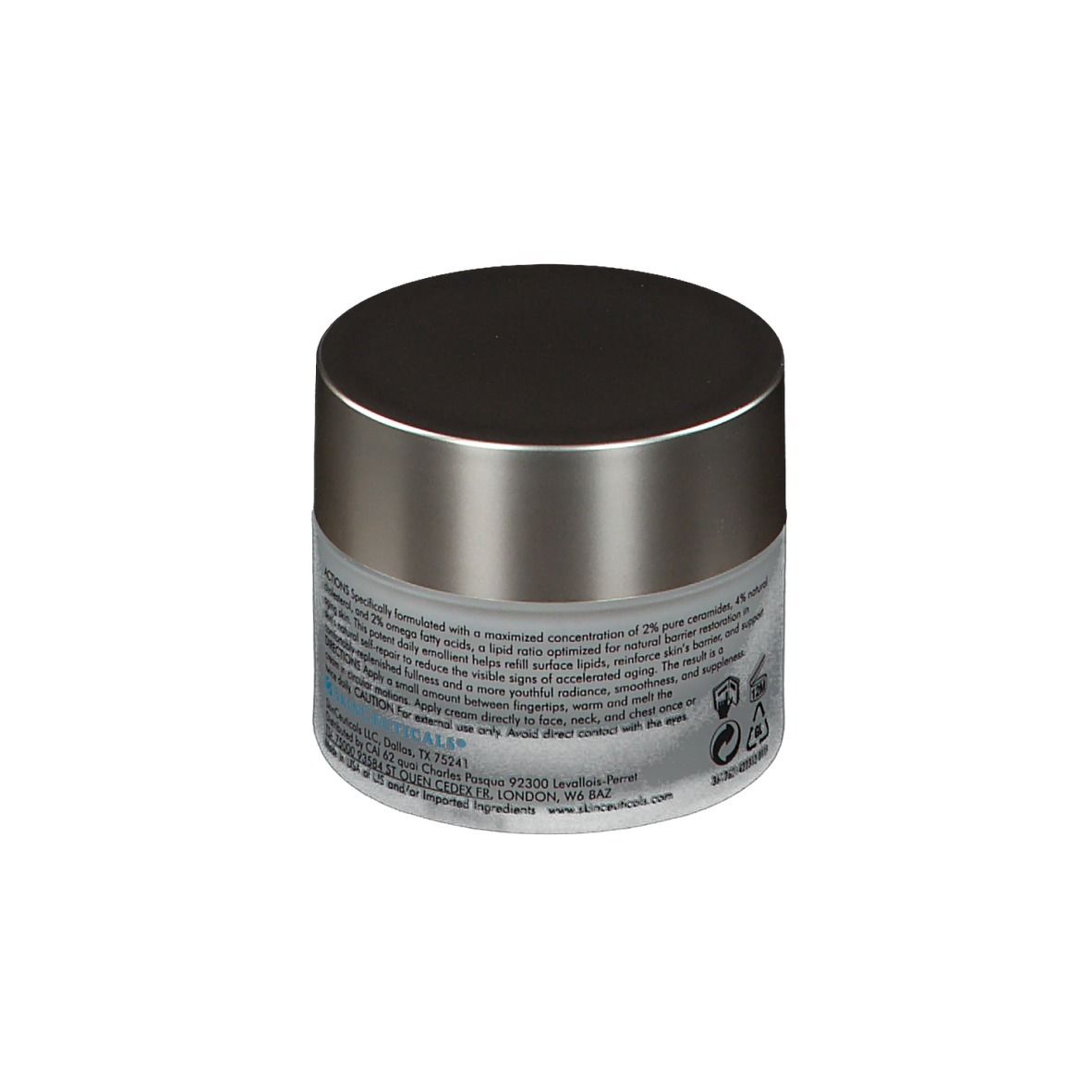 Vasetto di crema con coperchio argentato. Scritta: SkinCeuticals Triple Lipid Restore 2:4:2. Retro con testo.