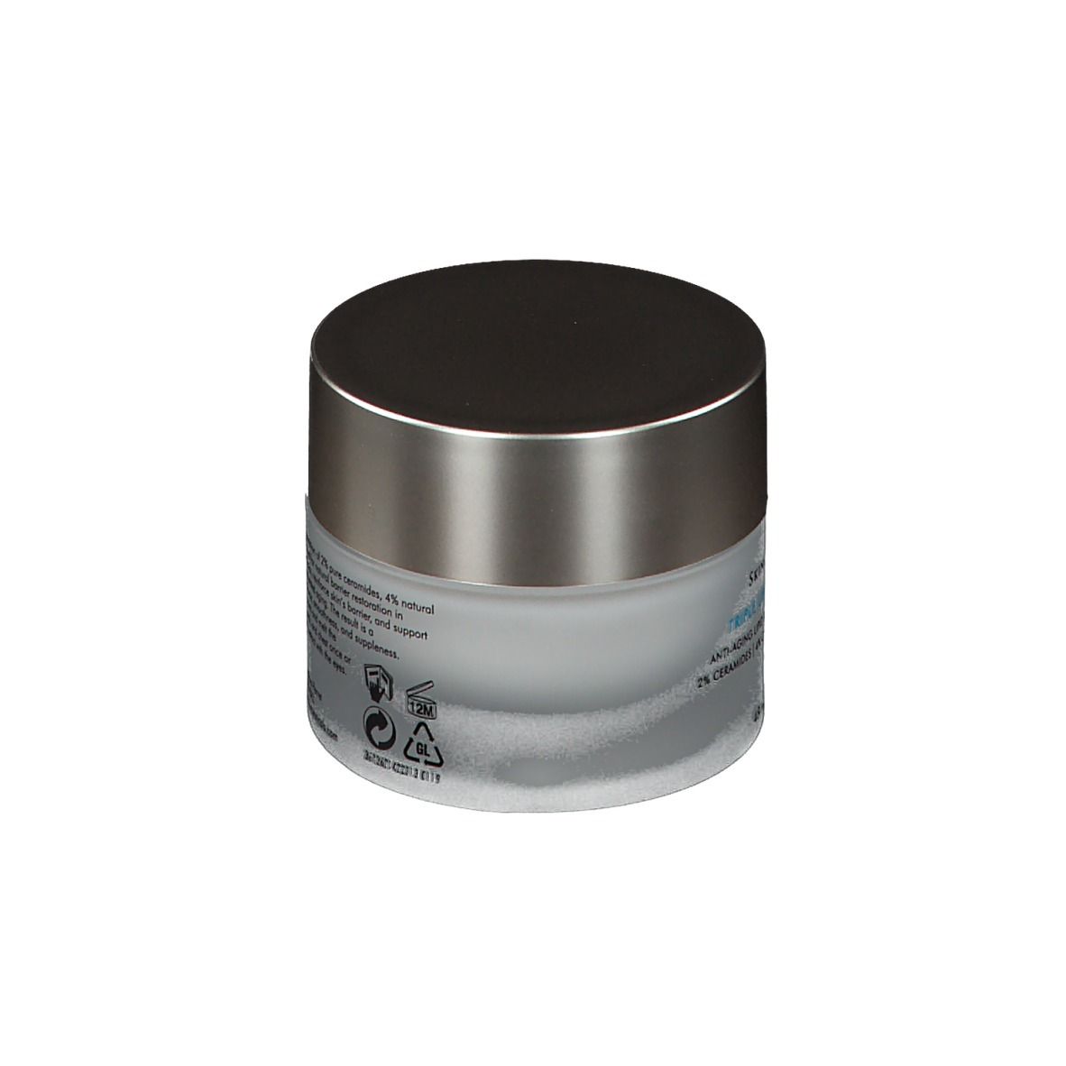 Vasetto di crema con coperchio argentato. Scritta: SkinCeuticals Triple Lipid Restore 2:4:2. Retro con testo.