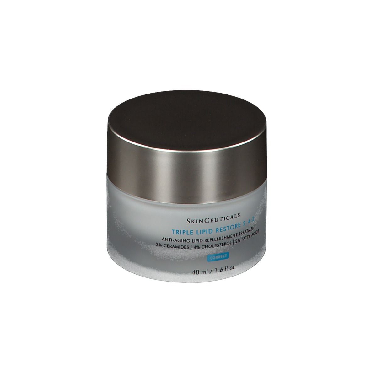 Vasetto di crema con coperchio argentato. Scritta: SkinCeuticals Triple Lipid Restore 2:4:2. 48 ml / 1,6 fl oz.