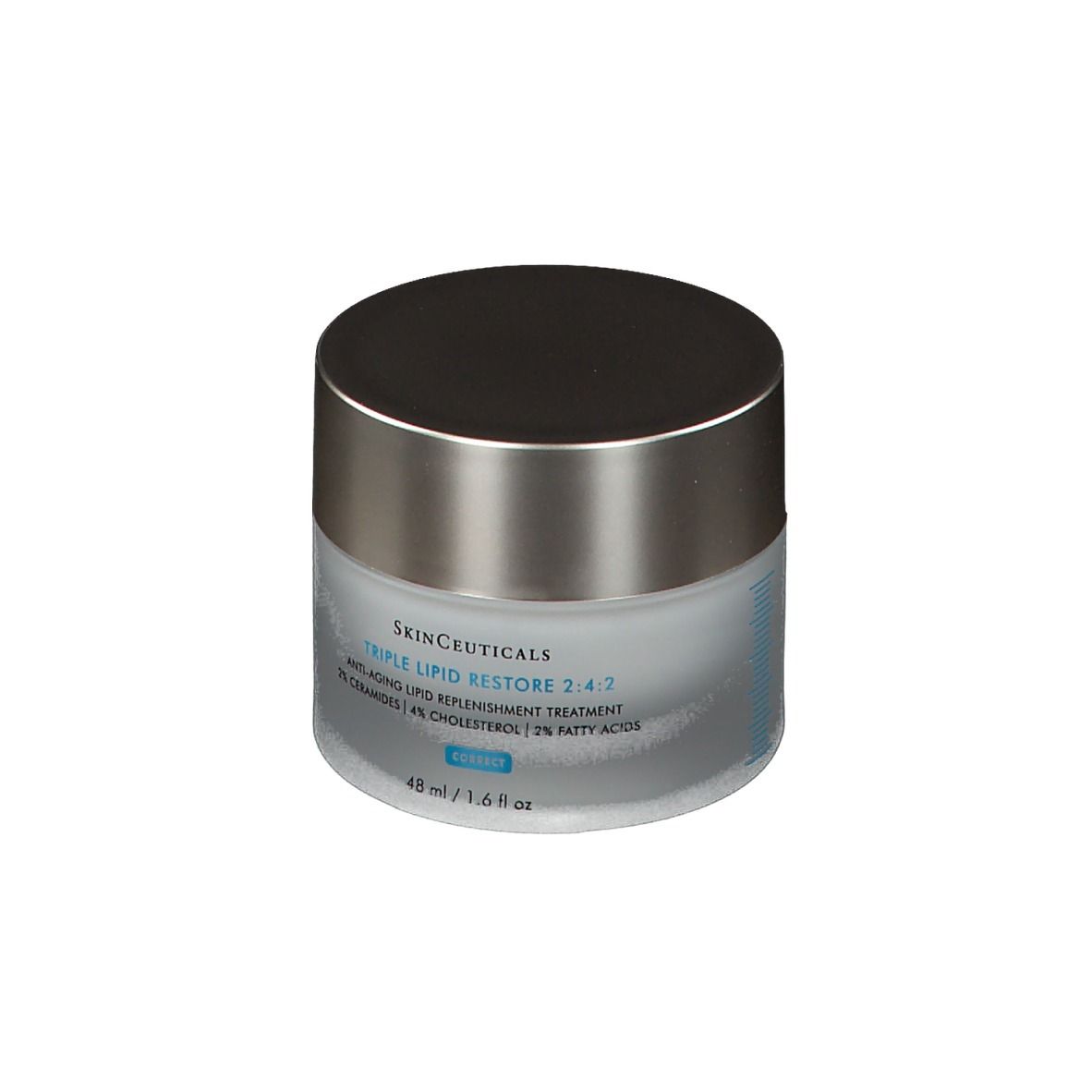Vasetto di crema con coperchio argentato. Scritta: SkinCeuticals Triple Lipid Restore 2:4:2. 48 ml / 1,6 fl oz.