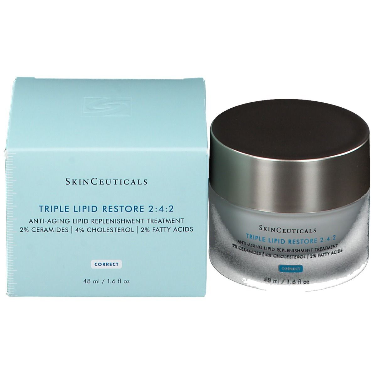 Vasetto di crema e scatola. Scritta: SkinCeuticals Triple Lipid Restore 2:4:2. 48 ml / 1,6 fl oz.