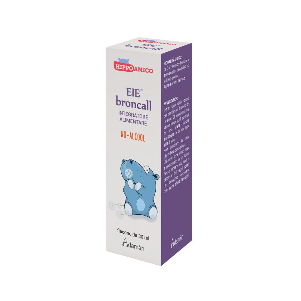 Scatola con stampa del prodotto. Scritta: EIE broncall, Integratore Alimentare, No-Alcool. Illustrazione di un ippopotamo blu.