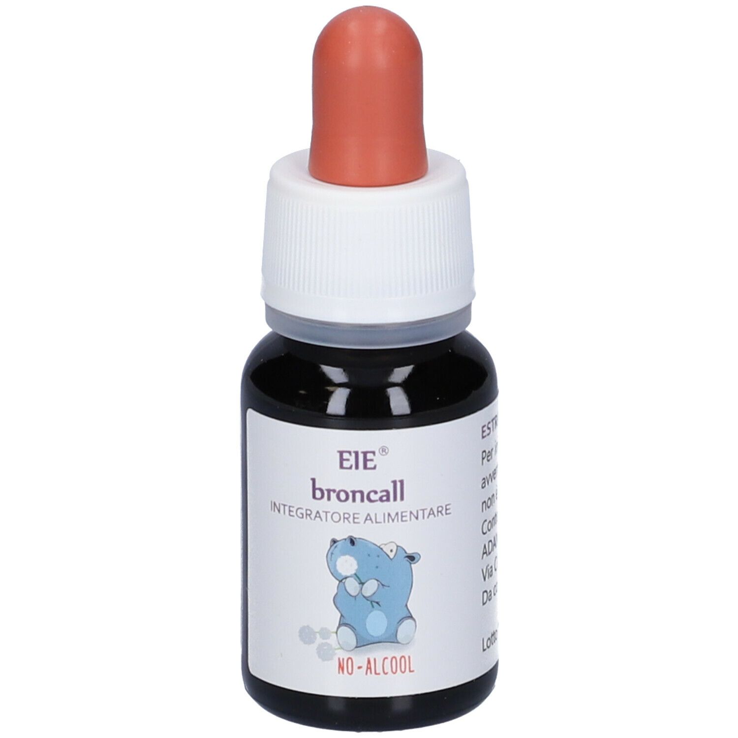 Liquido marrone in un flacone contagocce con tappo bianco e punta rossa. Scritta: EIE broncall, Integratore Alimentare, No-Alcool.