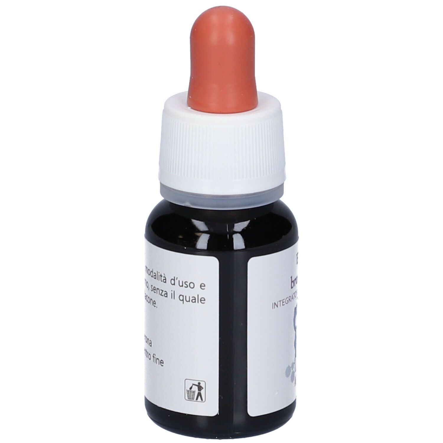 Flacone contagocce con liquido marrone, tappo bianco e punta rossa. Scritta: EIE broncall, Integratore Alimentare, No-Alcool. Testo.