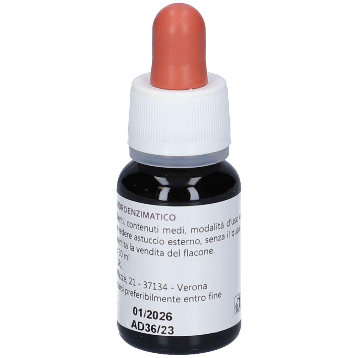 Flacone contagocce con liquido marrone, tappo bianco e punta rossa. Scritta: EIE broncall, Integratore Alimentare, No-Alcool. Testo.