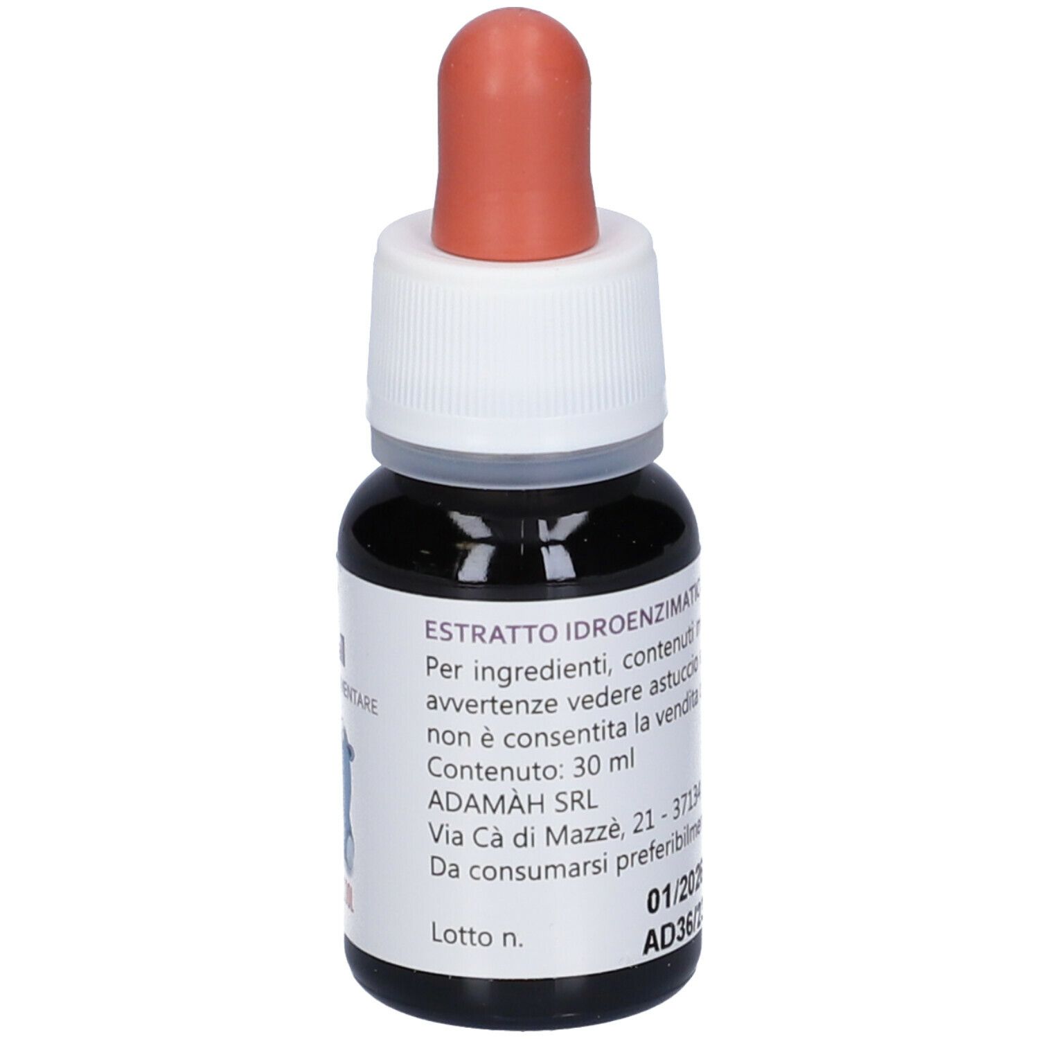 Flacone contagocce con liquido marrone, tappo bianco e punta rossa. Scritta: EIE broncall, Integratore Alimentare, No-Alcool. Testo.