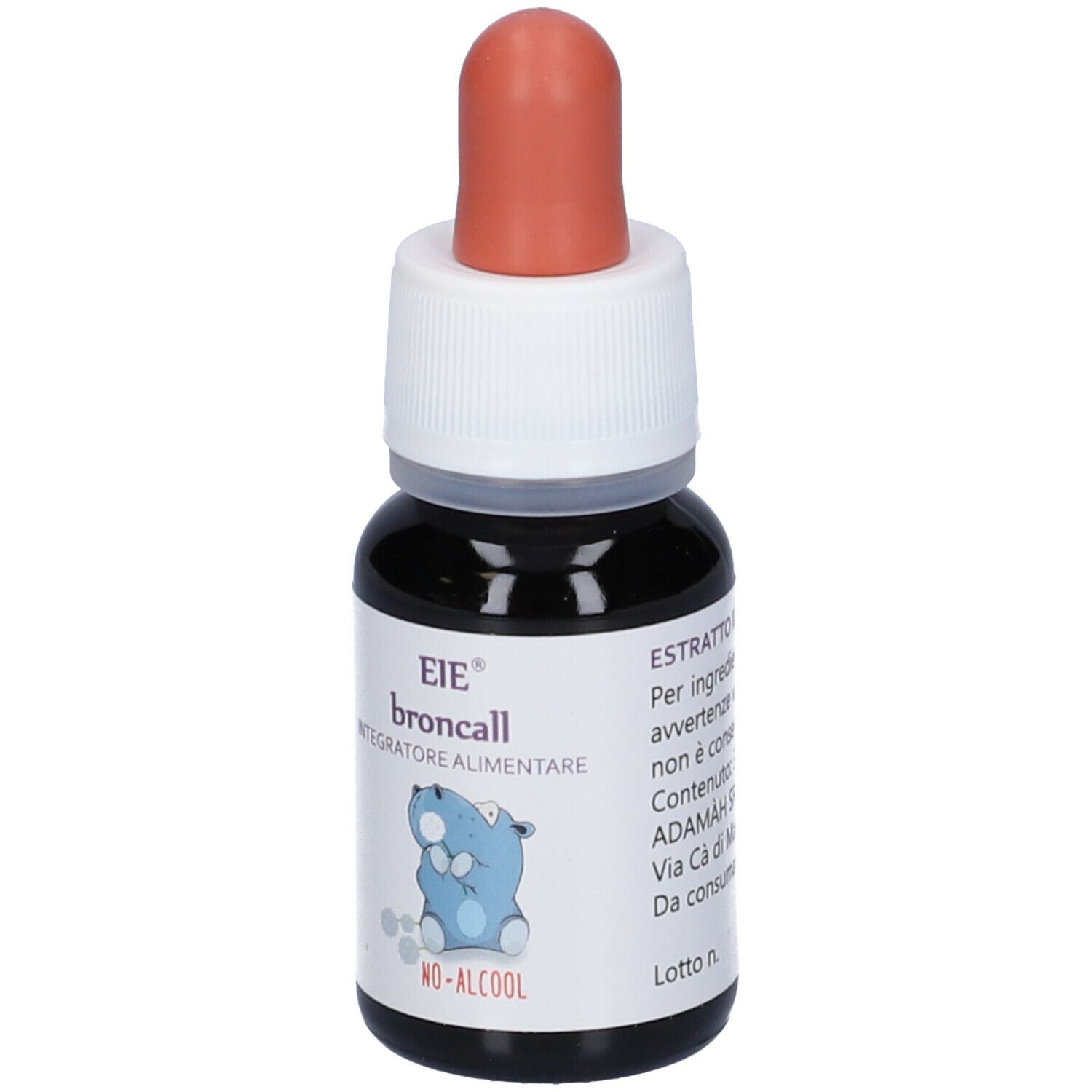 Flacone contagocce con liquido marrone, tappo bianco e punta rossa. Scritta: EIE broncall, Integratore Alimentare, No-Alcool. Testo.