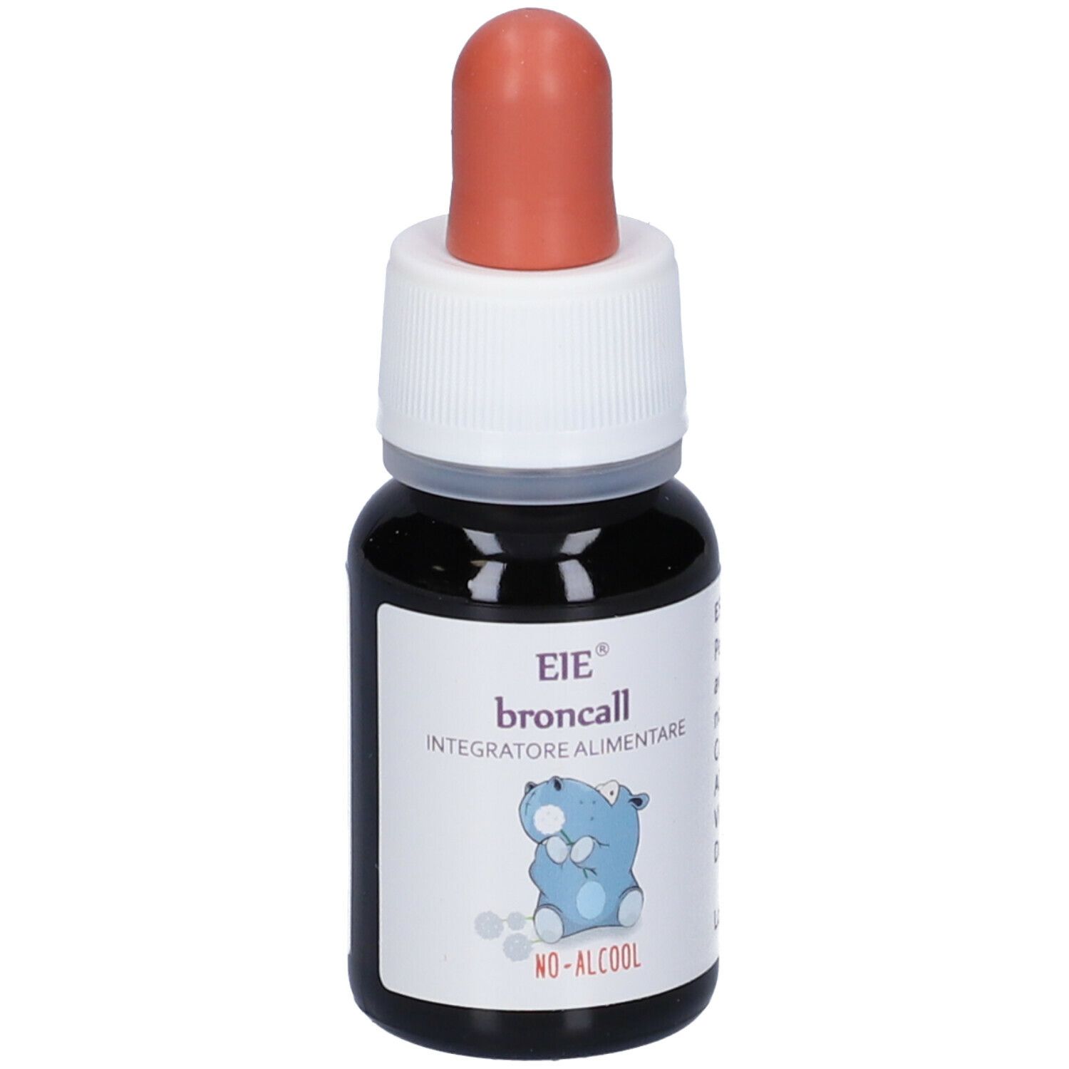Flacone contagocce con liquido marrone, tappo bianco e punta rossa. Scritta: EIE broncall, Integratore Alimentare, No-Alcool. Testo.