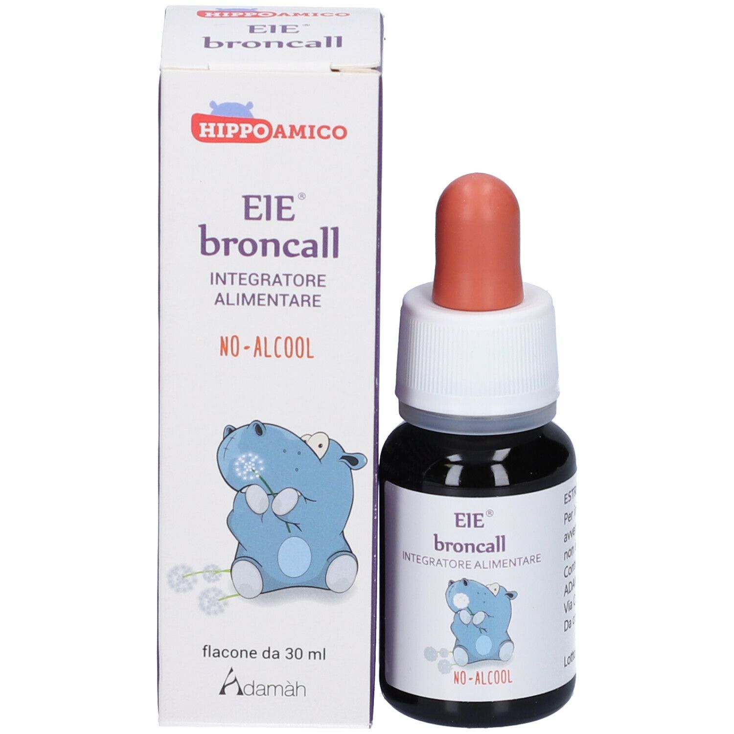 Flacone contagocce e scatola. Scritta: EIE broncall, Integratore Alimentare, No-Alcool. Illustrazione di un ippopotamo blu. Punta rossa.