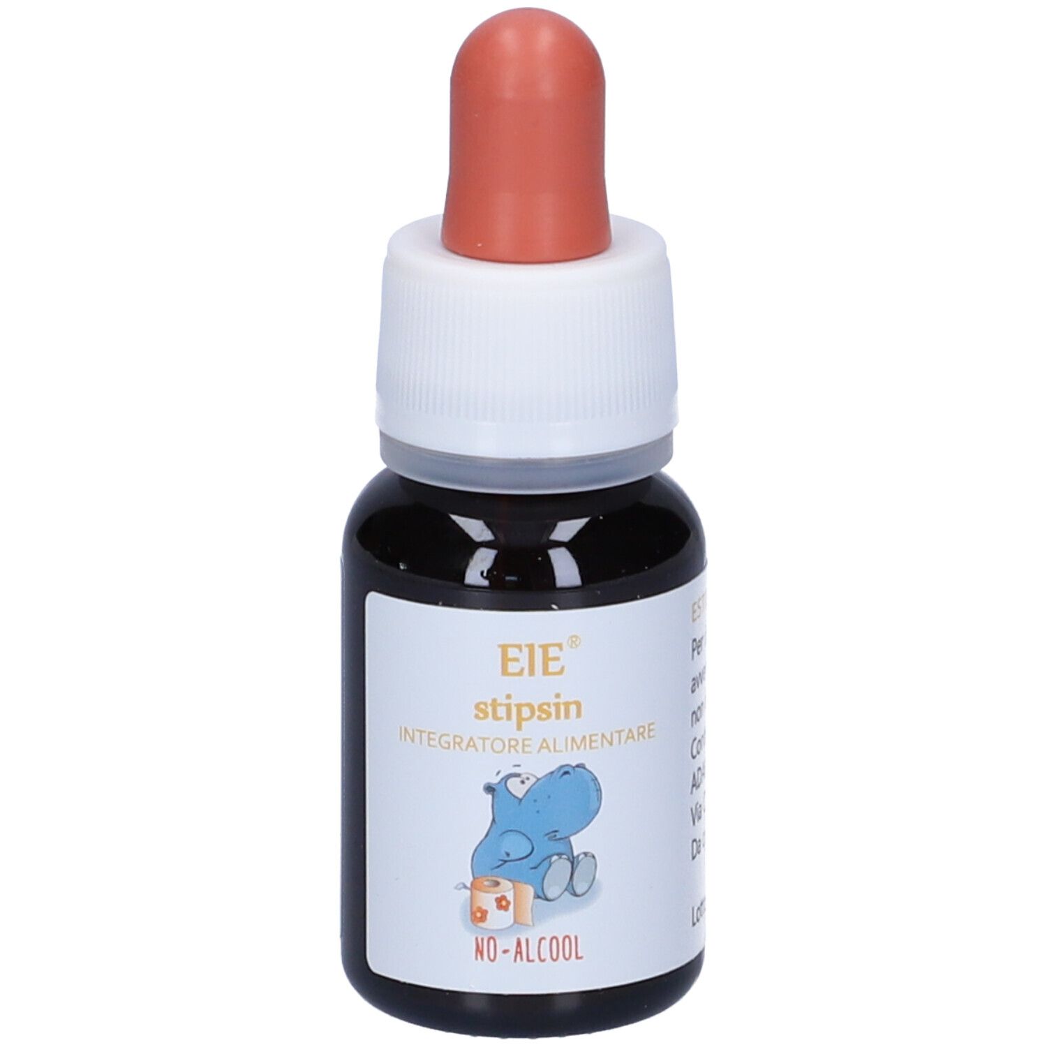 Flacone contagocce marrone con tappo bianco e contagocce rosso. Scritta: EIE stipsin, Integratore alimentare. Illustrazione ippopotamo.