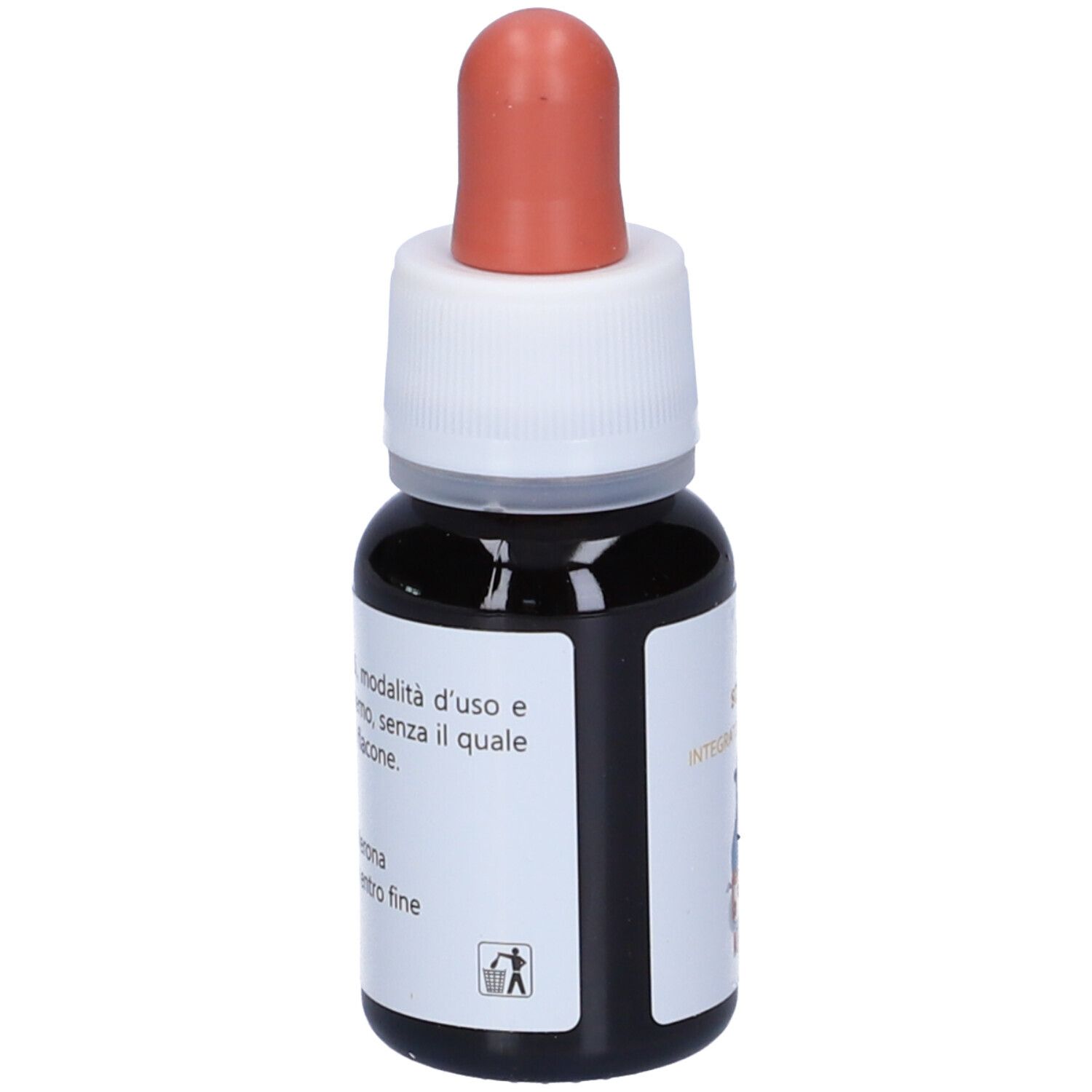 Flacone contagocce marrone con tappo bianco e contagocce rosso. Scritta: EIE stipsin, Integratore alimentare. Retro con testo.