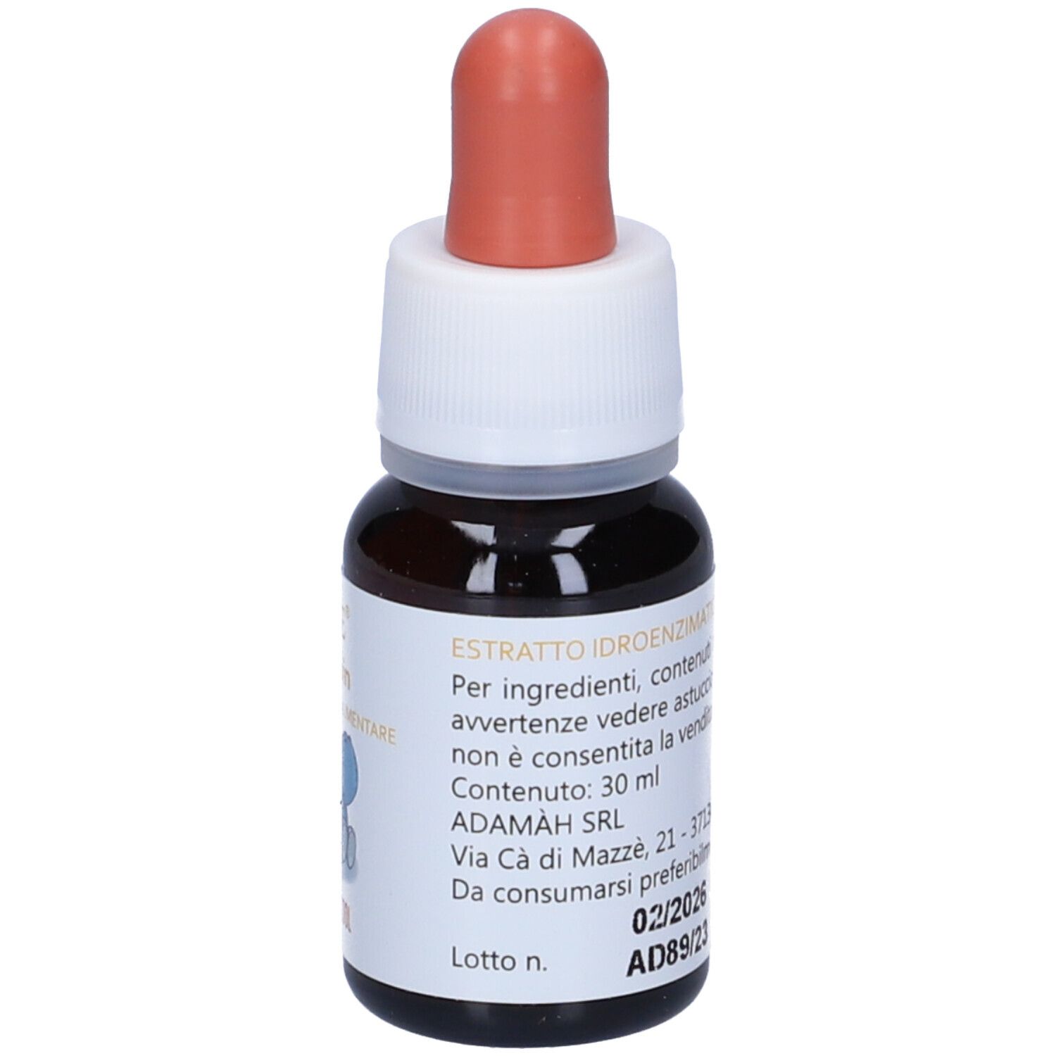 Flacone contagocce marrone con tappo bianco e contagocce rosso. Scritta: EIE stipsin, Integratore alimentare. Retro con testo.