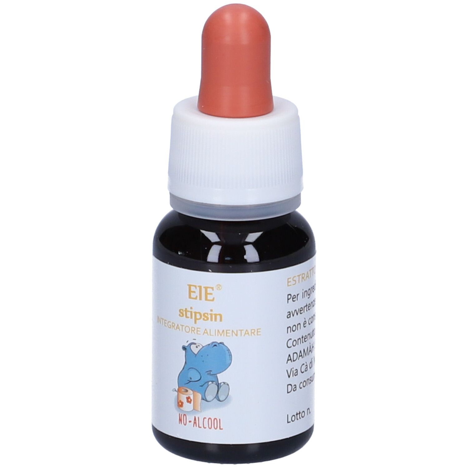 Flacone contagocce marrone con tappo bianco e contagocce rosso. Scritta: EIE stipsin, Integratore alimentare. Retro con testo.