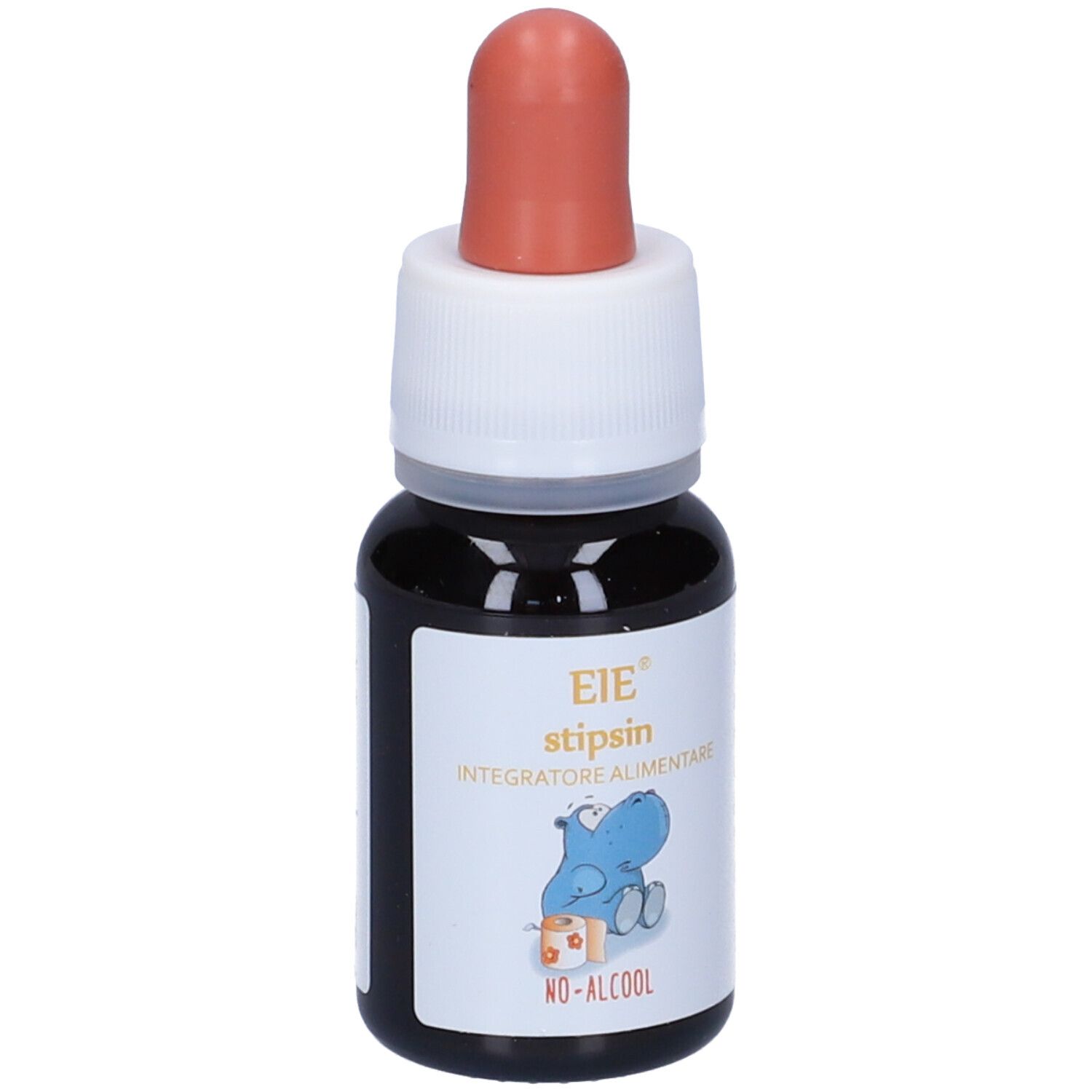 Flacone contagocce marrone con tappo bianco e contagocce rosso. Scritta: EIE stipsin, Integratore alimentare. Illustrazione ippopotamo.