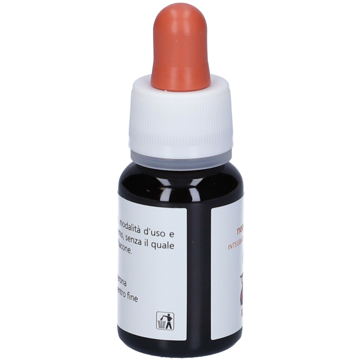 Flacone contagocce marrone con tappo bianco e pipetta rossa. Scritta sull'etichetta.
