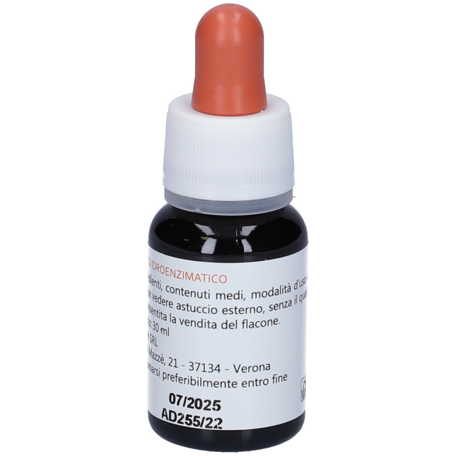 Flacone contagocce marrone con tappo bianco e pipetta rossa. Scritta sull'etichetta.