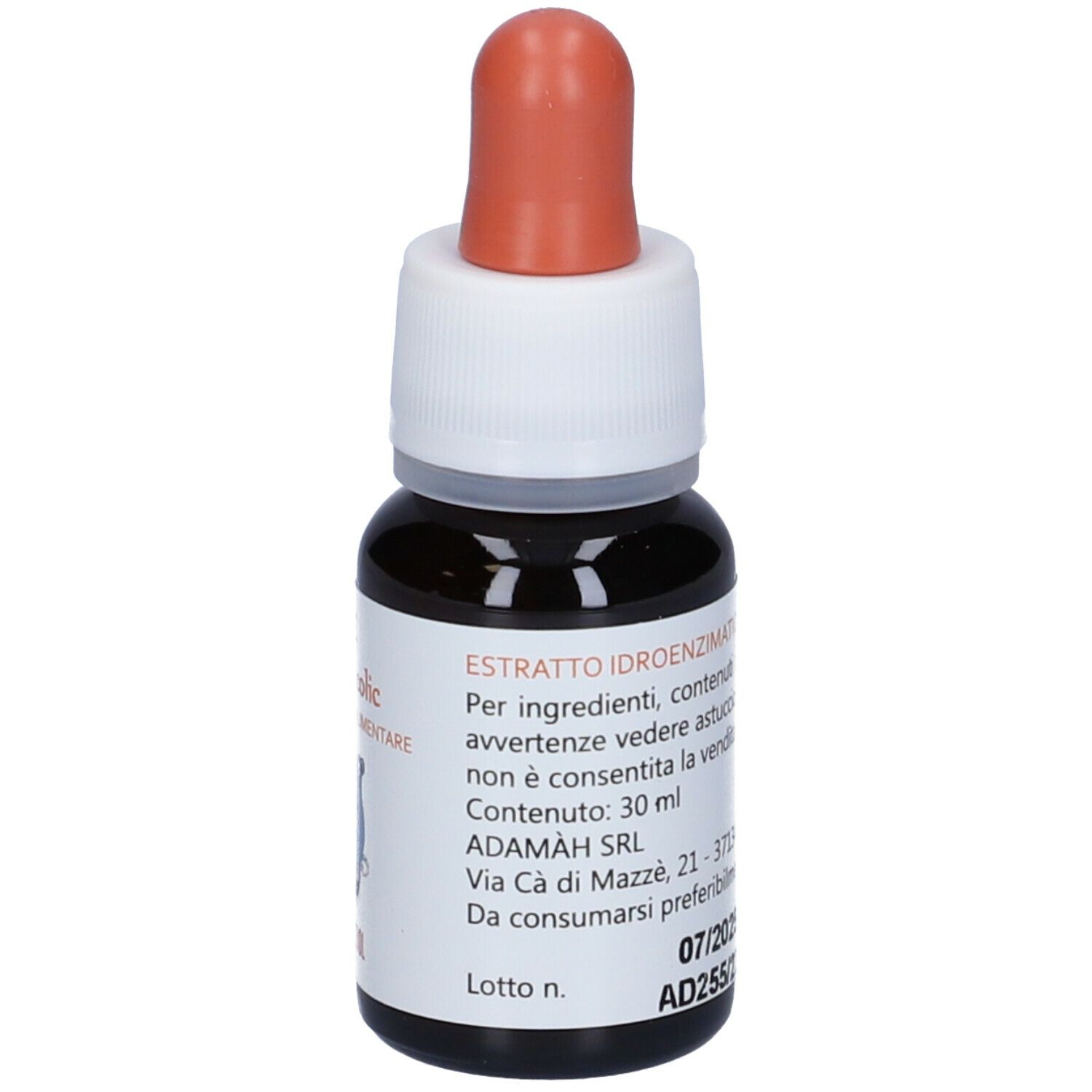 Flacone contagocce marrone con tappo bianco e pipetta rossa. Scritta sull'etichetta.