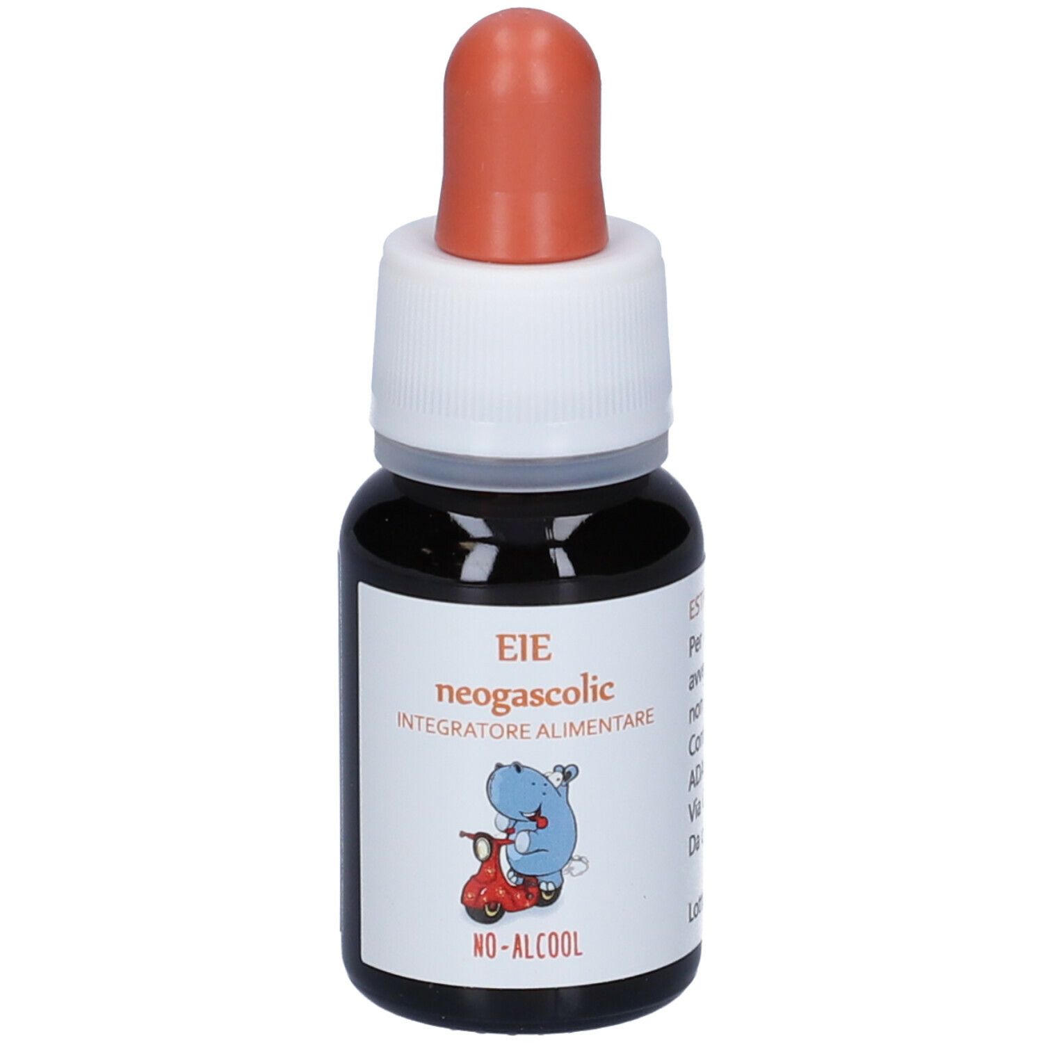 Flacone contagocce marrone con tappo bianco e pipetta rossa. Scritta sull'etichetta.