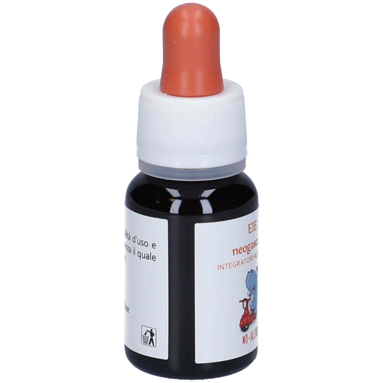 Flacone contagocce marrone con tappo bianco e pipetta rossa. Scritta sull'etichetta.
