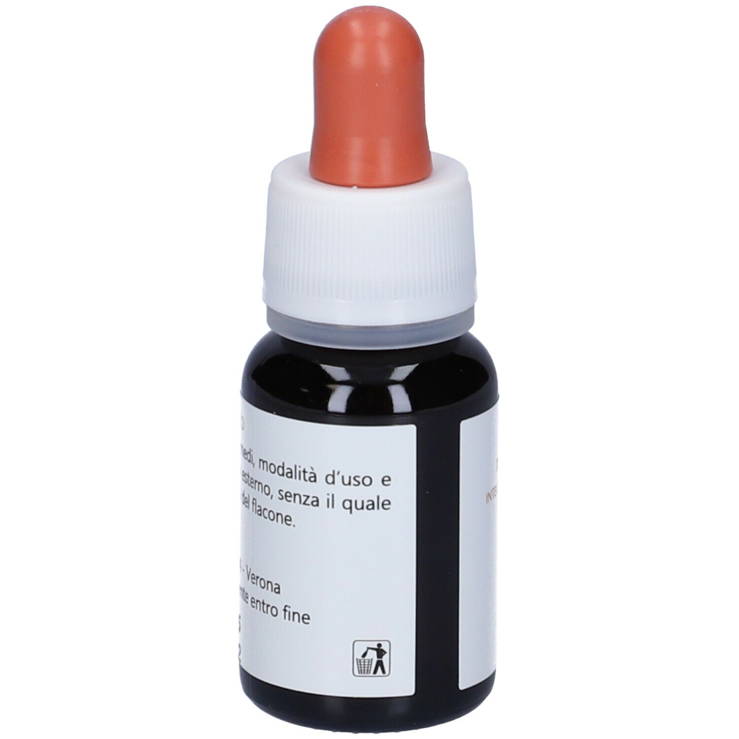 Flacone contagocce marrone con tappo bianco e pipetta rossa. Scritta sull'etichetta.