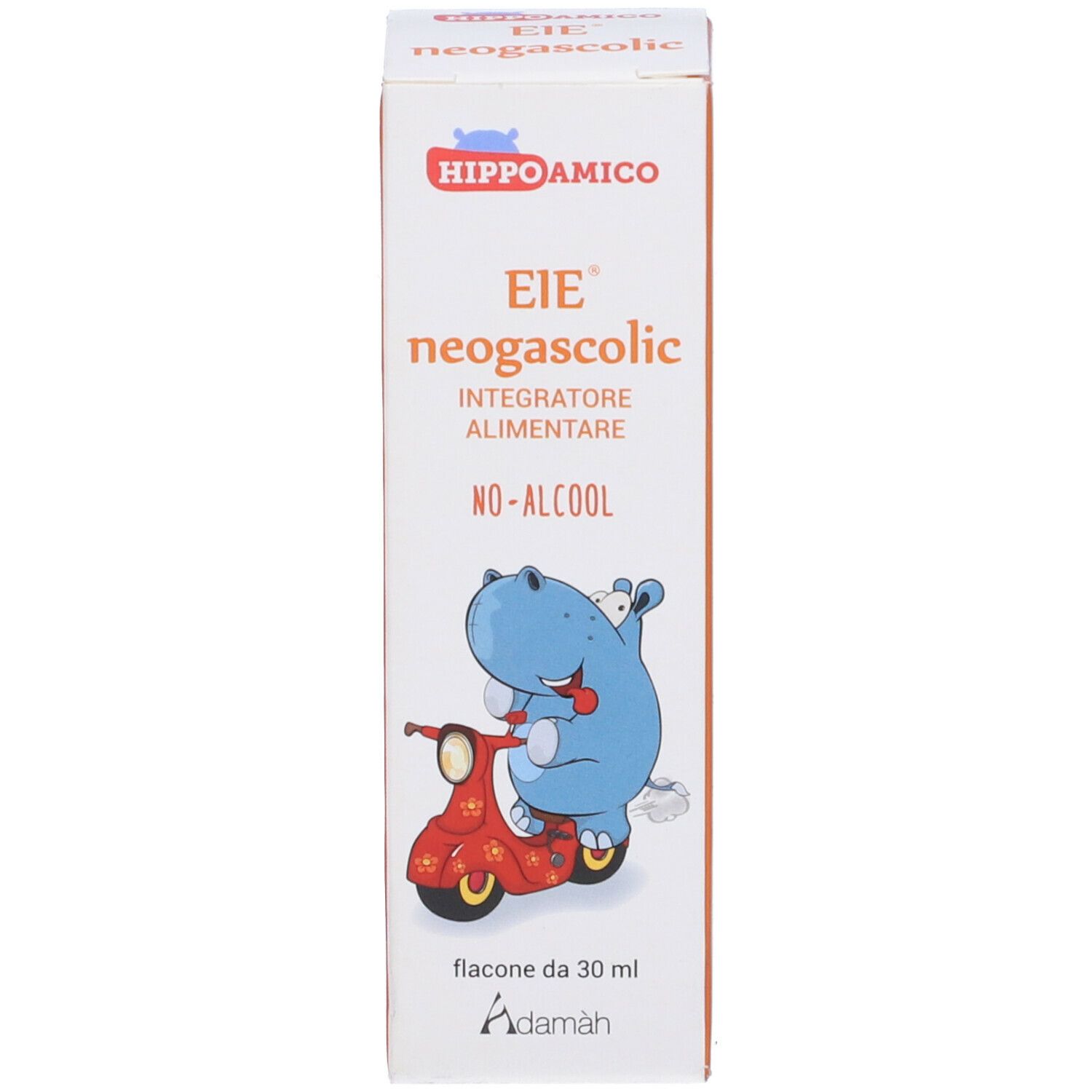 Scatola di Adamàh EIE Neogascolic Gocce. Illustrazione di un ippopotamo su uno scooter.