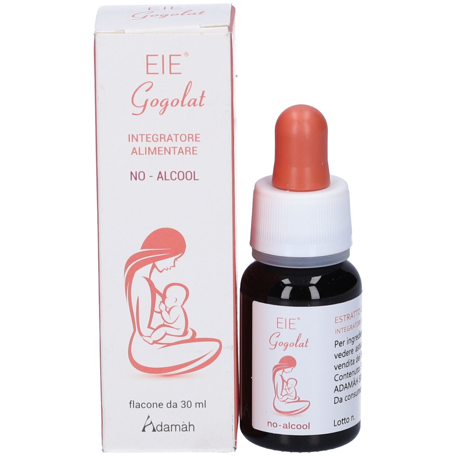 Flacone con contagocce e confezione. Scritta: EIE Gogolat, Integratore alimentare. Illustrazione di una madre che allatta.
