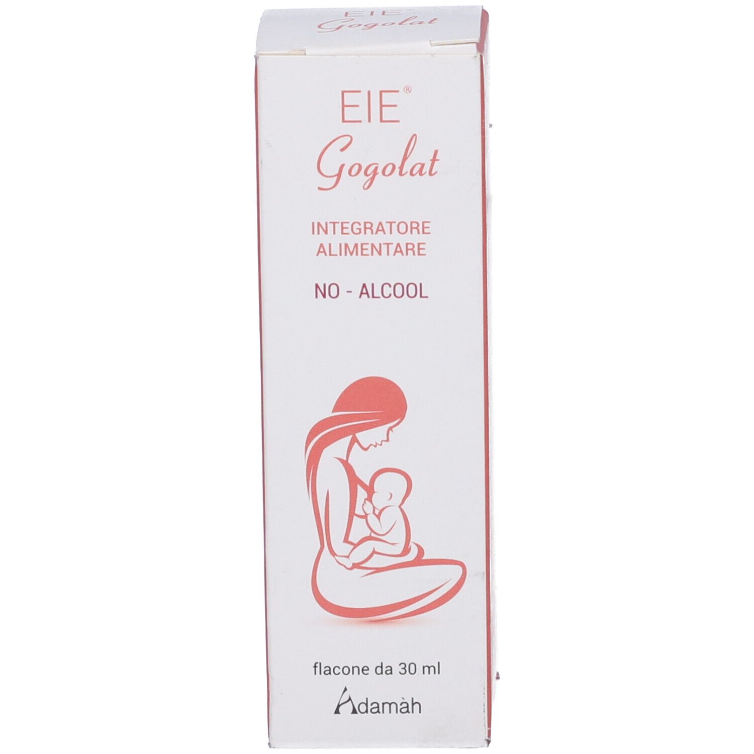 Confezione. Scritta: EIE Gogolat, Integratore alimentare. Illustrazione di una madre che allatta. Testo in italiano.