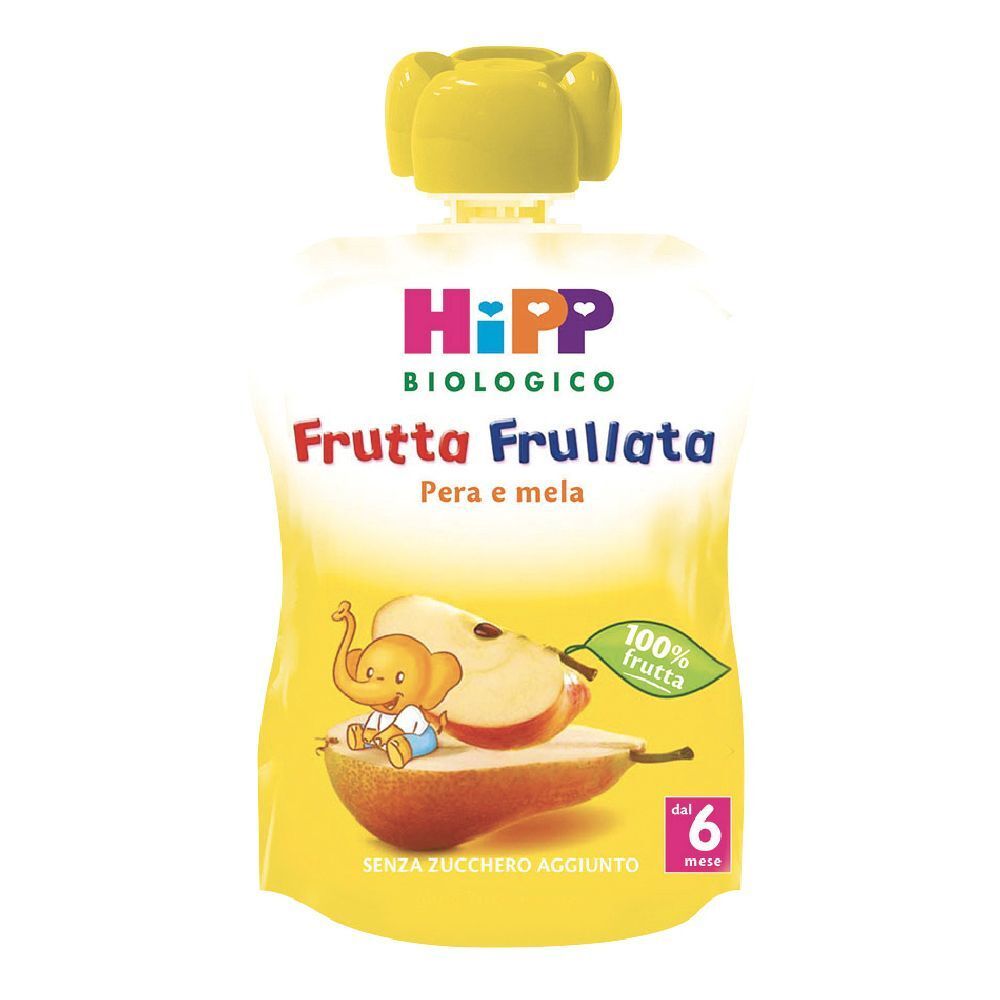 HiPP BIO Frutta Frullata, Quetschbeutel. Aufschrift: Frutta Frullata, Pera e mela. Abbildung: Birne, Apfel, Elefant.