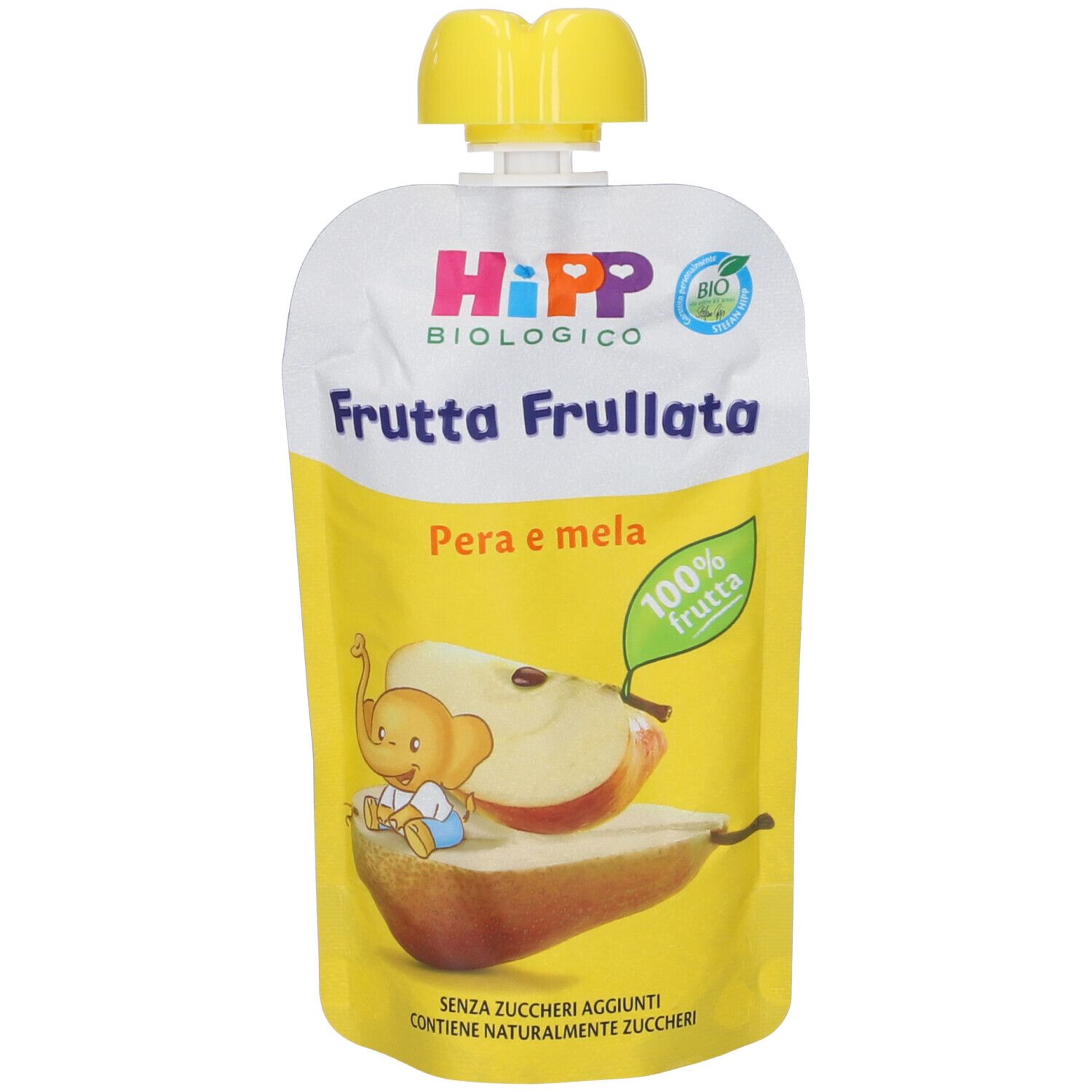 Quetschbeutel mit gelbem Hintergrund. Aufdruck: Hipp biologico, Frutta Frullata, Birne und Apfel. Abbildung von Birne und Apfel.