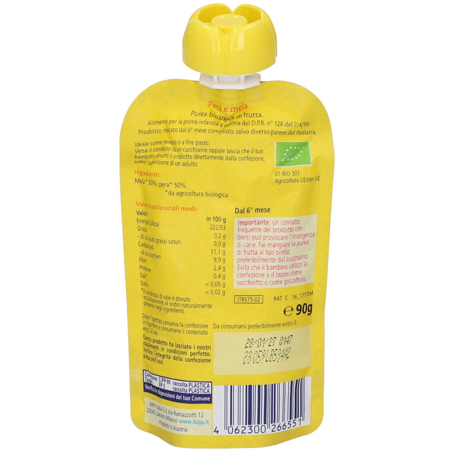 Rückseite des Quetschbeutels. Gelber Hintergrund mit Text und Nährwertangaben. Aufdruck: 90g, Bio-Siegel, Mindesthaltbarkeitsdatum.
