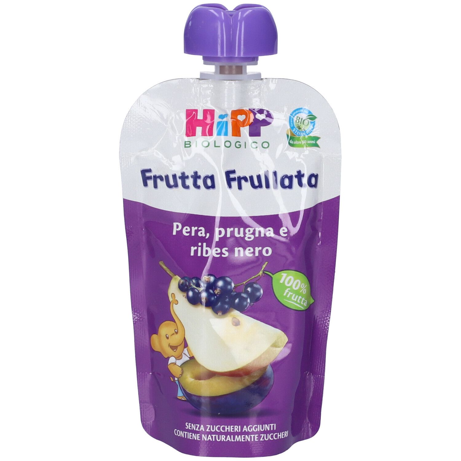 Quetschbeutel mit Fruchtpüree. Aufdruck: Hipp, biologico, Frutta Frullata. Abbildung von Birne, Pflaume, Johannisbeere. Lila Verschluss.