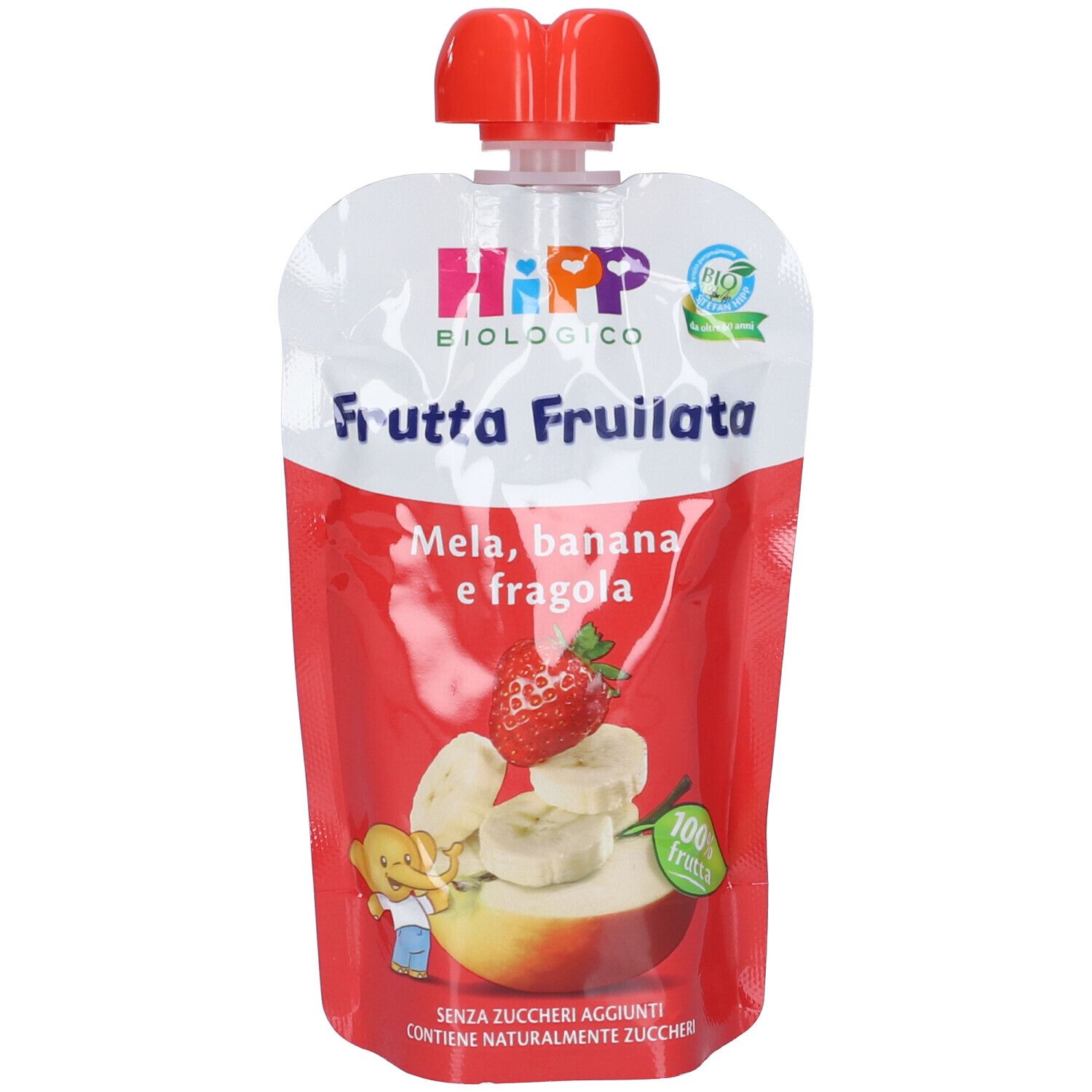 Quetschbeutel mit rotem Deckel. Aufdruck: Hipp, Bio, Fruchtpüree Apfel, Banane, Erdbeere. Abbildung von Früchten.