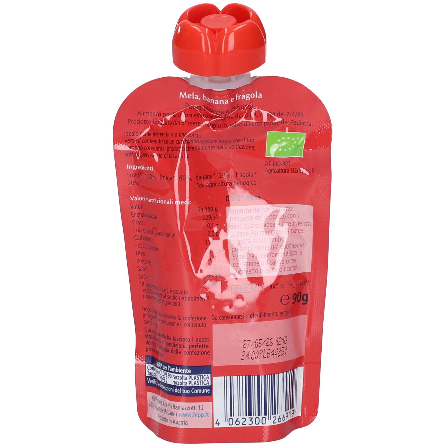 Rückseite des Quetschbeutels. Roter Beutel mit Text und Nährwertangaben. Sichtbar: Bio-Siegel, Gewicht 90g.