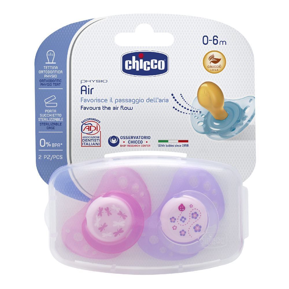 Due succhietti in confezione trasparente. Packaging con logo e testo. Età consigliata: 0-6 mesi. Marchio: Chicco.