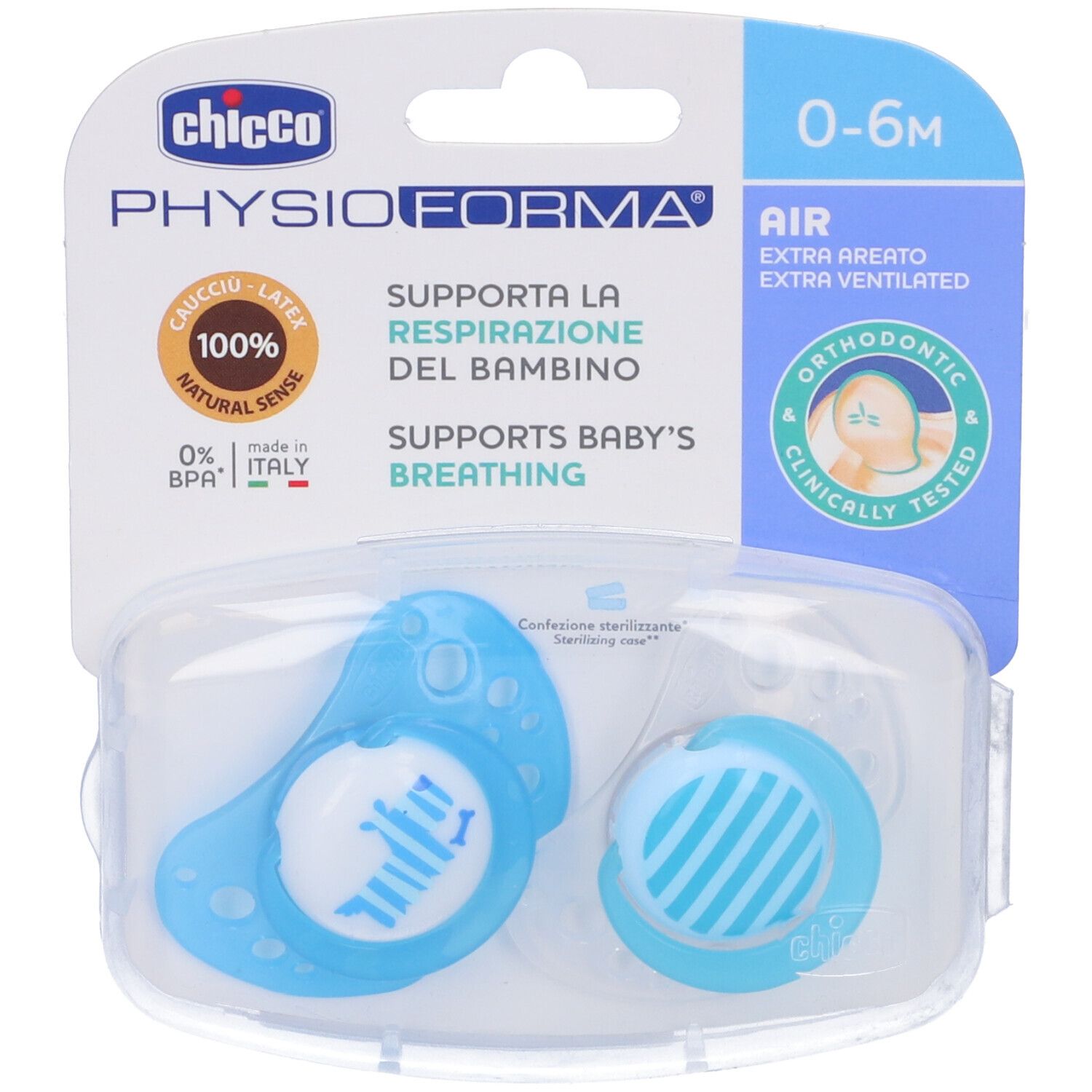 Due succhietti blu in confezione trasparente. Confezione con logo e testo. Età: 0-6 mesi. Marchio: Chicco.