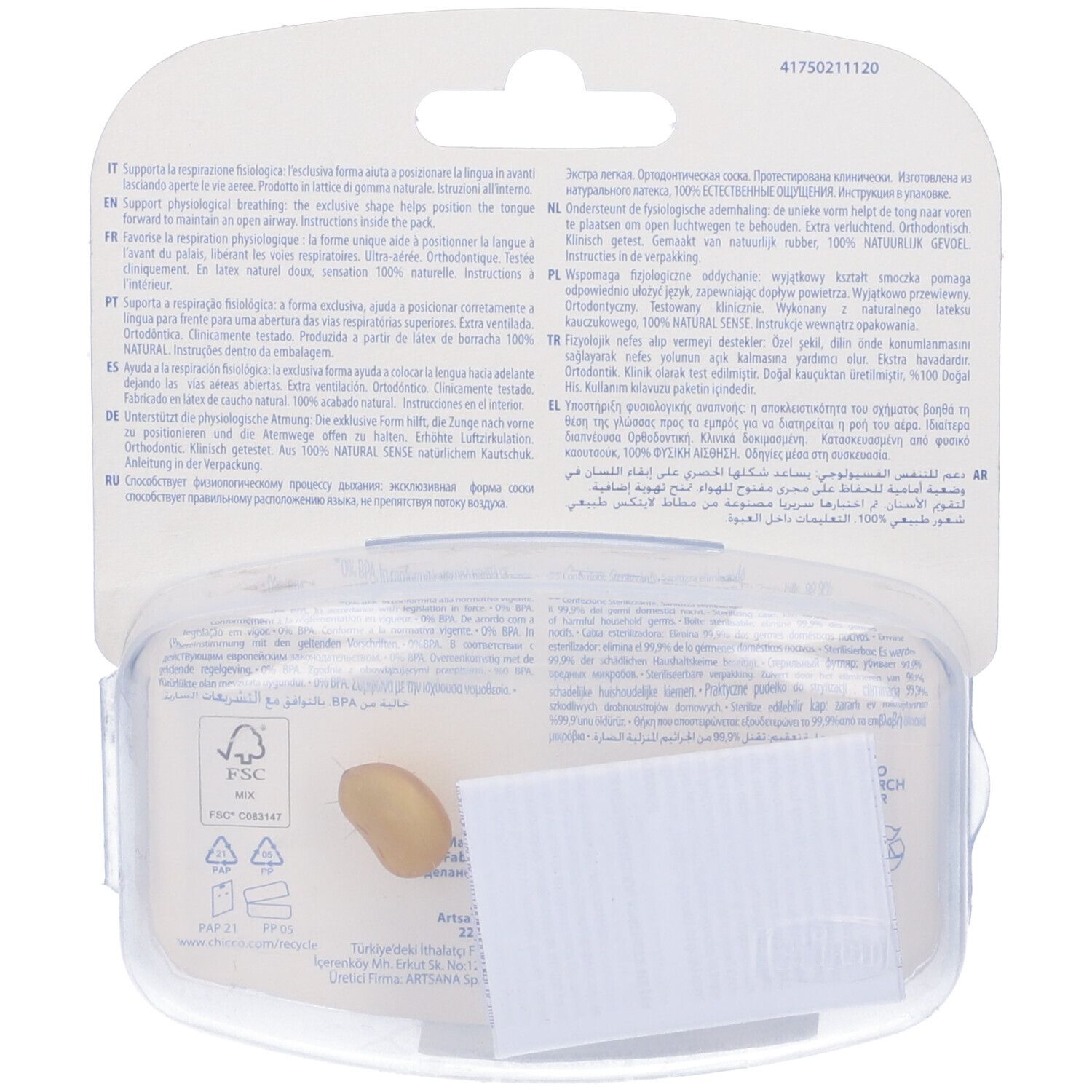 Retro della confezione con testo e un succhietto. Scatola trasparente. Marchio: Chicco. Età: 0-6 mesi.