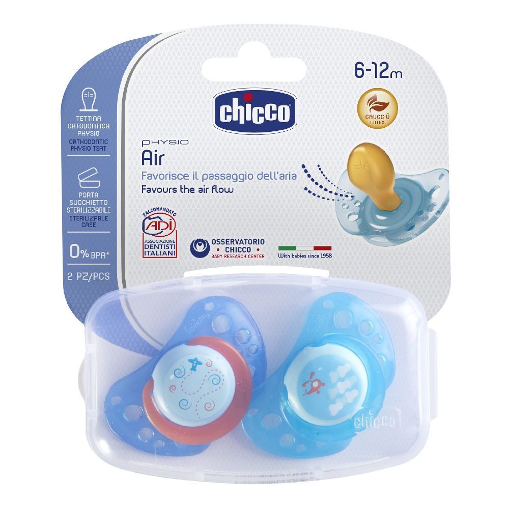 Due succhietti blu in una scatola trasparente. Marchio Chicco. Confezione con informazioni.