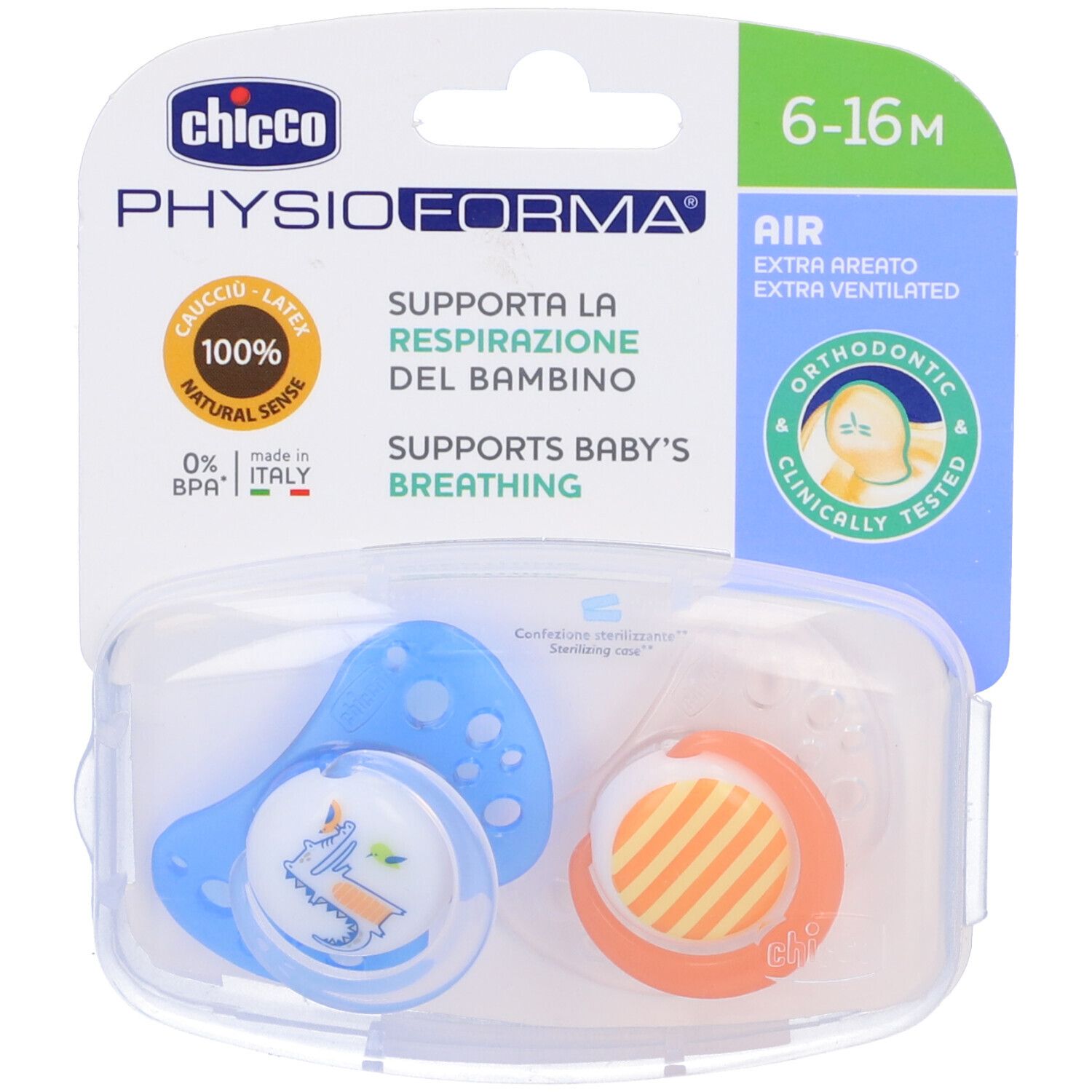 Due succhietti blu in una scatola trasparente. Marchio Chicco. Confezione con informazioni.