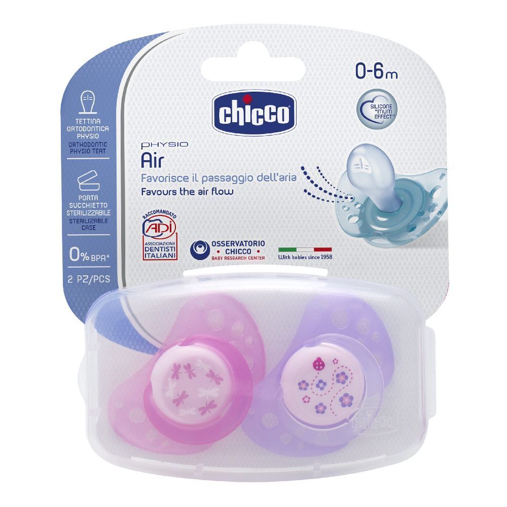 Due succhietti rosa e viola in silicone, 0-6 mesi, in confezione trasparente. Confezione con logo e nome del prodotto. Motivi floreali.
