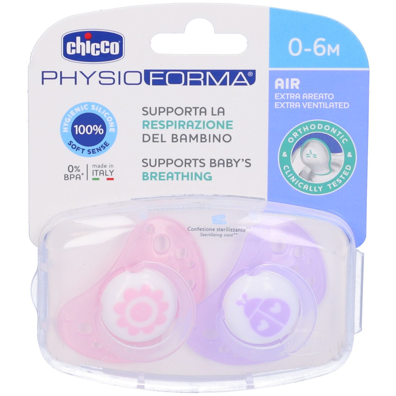 Due succhietti rosa e viola in silicone, 0-6 mesi, in confezione trasparente. Confezione con logo e nome del prodotto. Motivi floreali e coccinella.